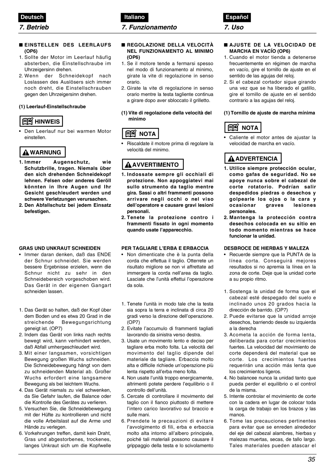 Zenoah BC2000 manual Einstellen DES Leerlaufs, Regolazione Della Velocità NEL Funzionamento AL Minimo OP6 