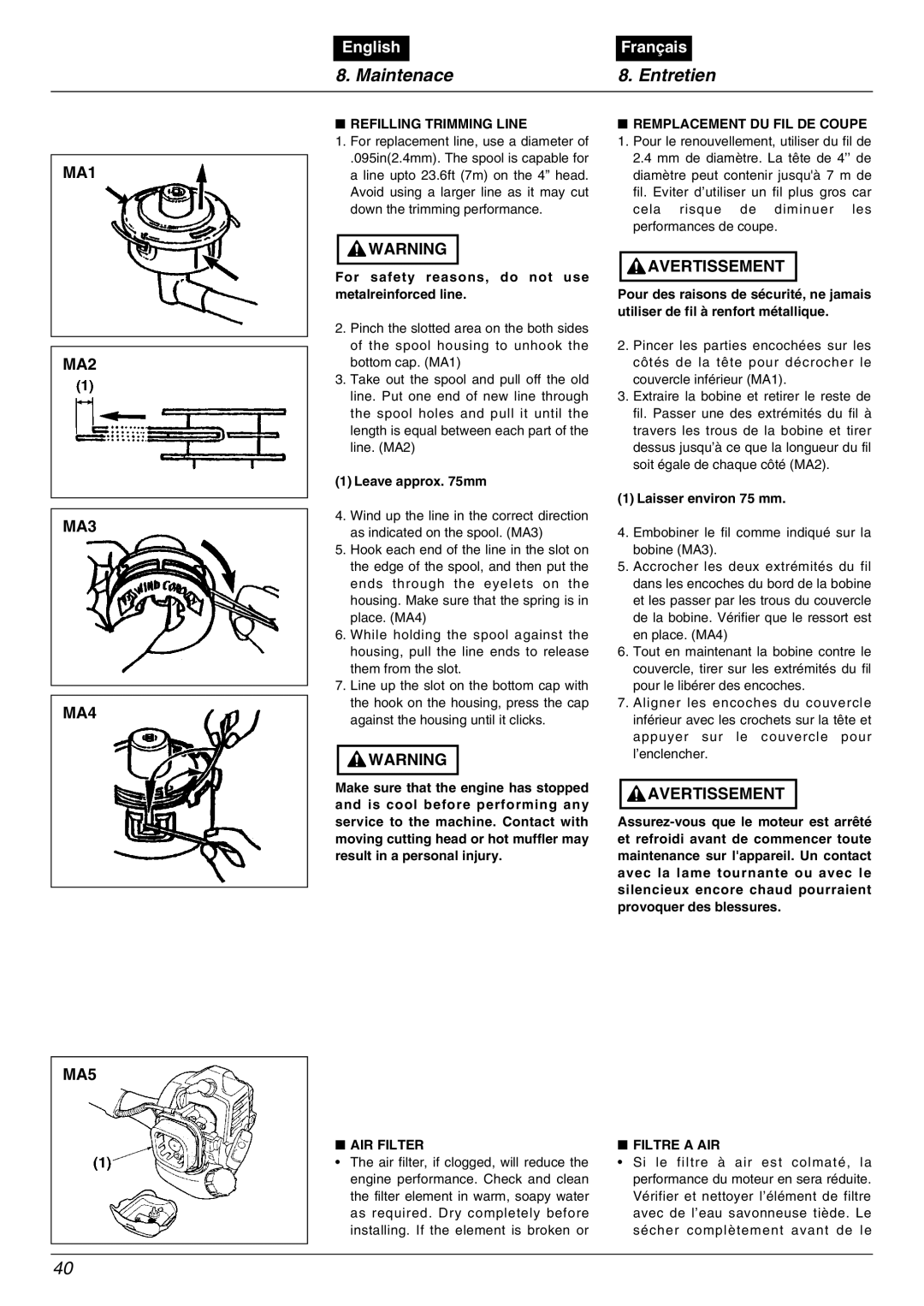 Zenoah BC2000 manual Maintenace Entretien, MA1, MA2 MA3 MA4 MA5, Refilling Trimming Line Remplacement DU FIL DE Coupe 