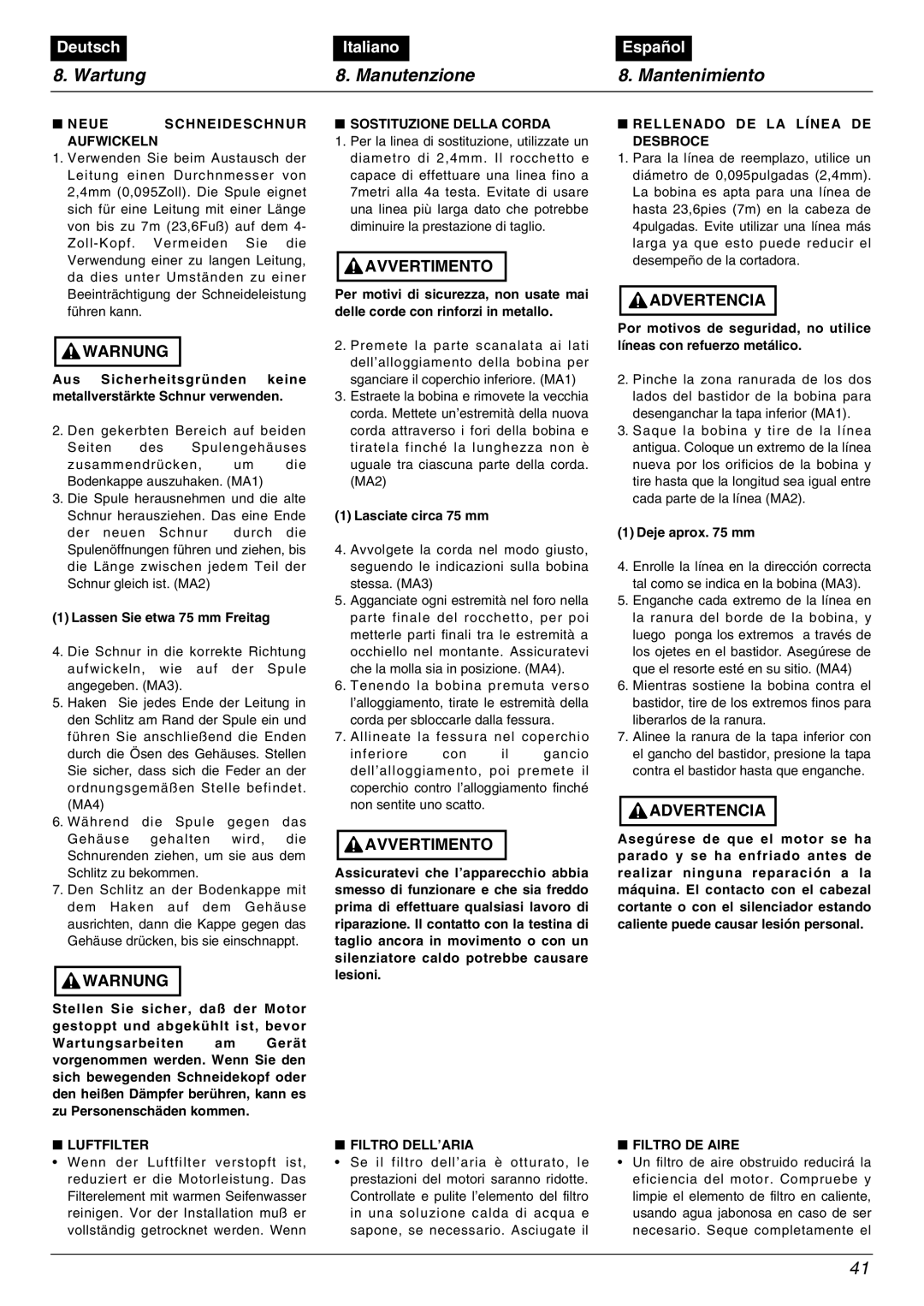 Zenoah BC2000 manual Wartung Manutenzione Mantenimiento 