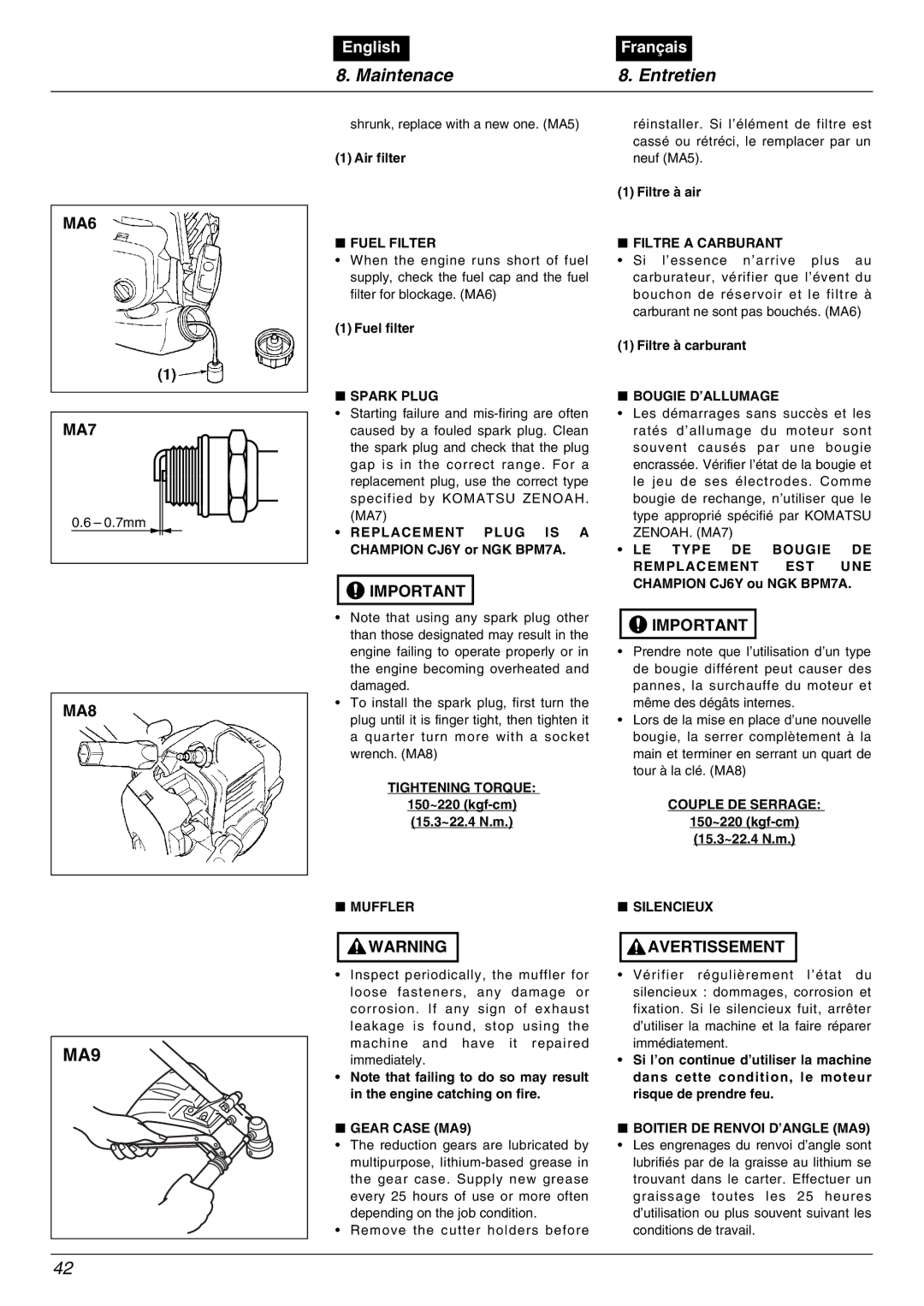 Zenoah BC2000 manual Maintenace Entretien, MA6 MA7, MA8 