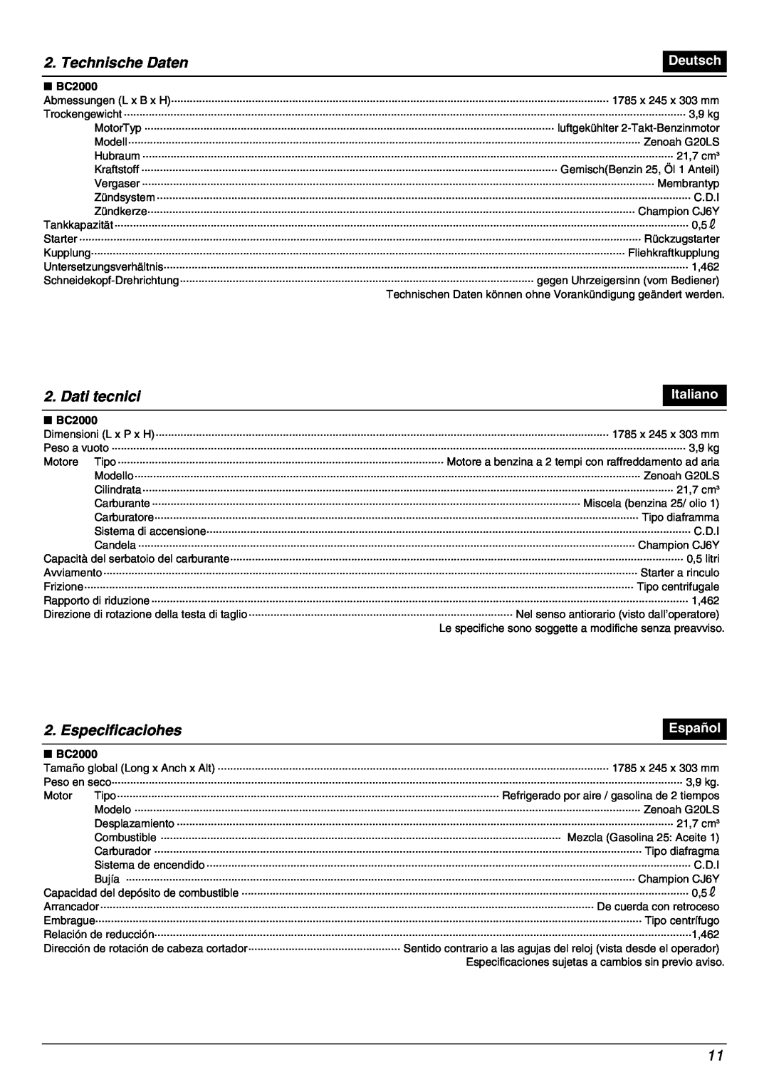 Zenoah BC2000 manual Technische Daten, Dati tecnici, Especificaciohes, Deutsch, Italiano, Español 
