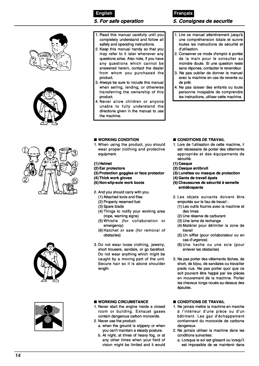 Zenoah BC2000 manual For safe operation, Consignes de securite, English, Français 