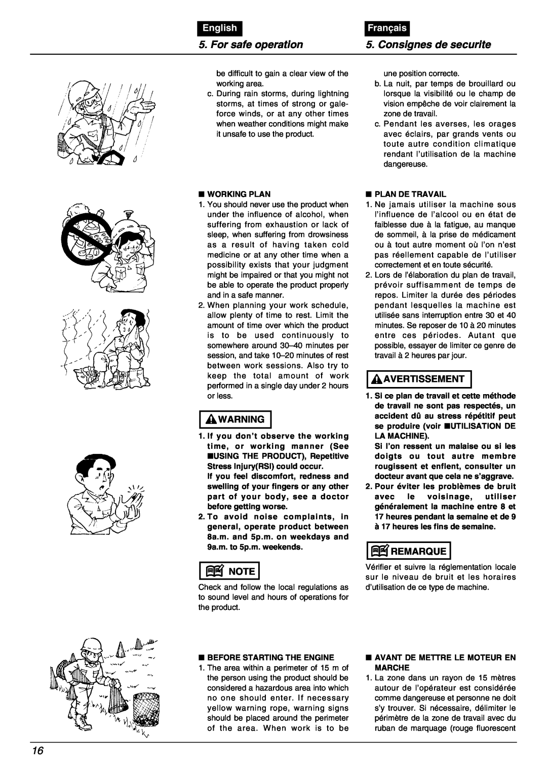 Zenoah BC2000 manual For safe operation, Consignes de securite, English, Français, Working Plan 