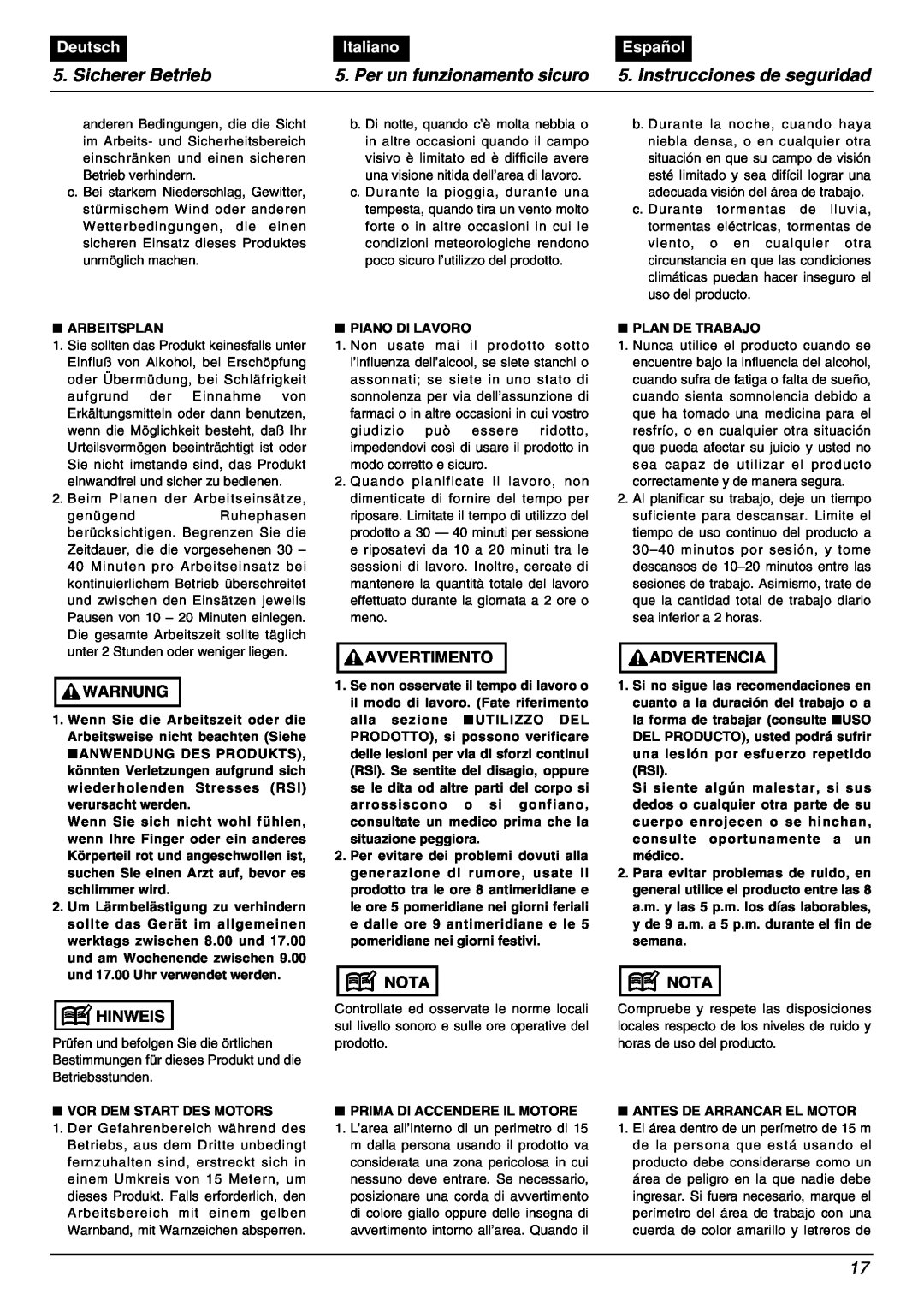 Zenoah BC2000 manual Sicherer Betrieb, Per un funzionamento sicuro, Instrucciones de seguridad, Deutsch, Italiano, Español 