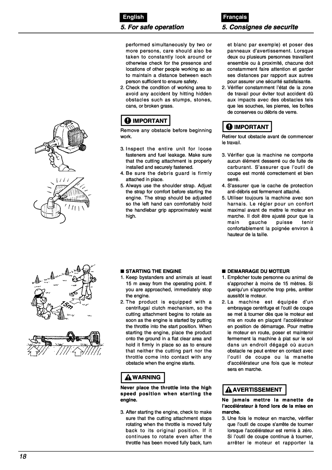 Zenoah BC2000 manual For safe operation, Consignes de securite, English, Français, Starting The Engine, Demarrage Du Moteur 
