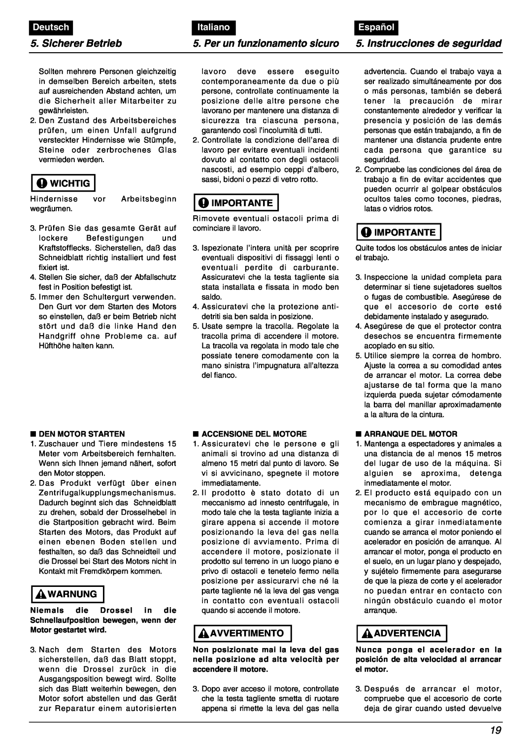 Zenoah BC2000 manual Sicherer Betrieb, Per un funzionamento sicuro, Instrucciones de seguridad, Deutsch, Italiano, Español 