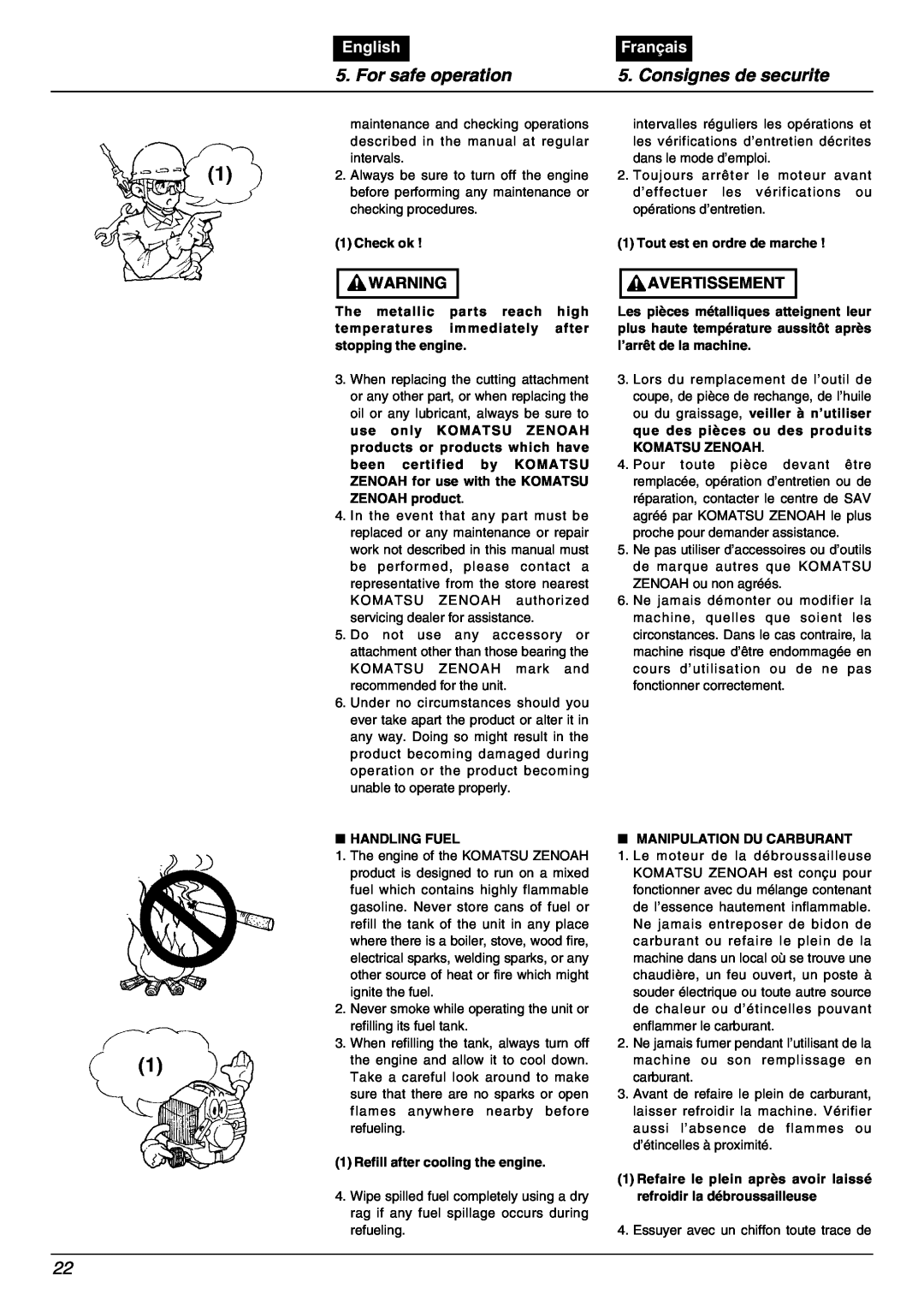 Zenoah BC2000 manual For safe operation, Consignes de securite, English, Français, Check ok 