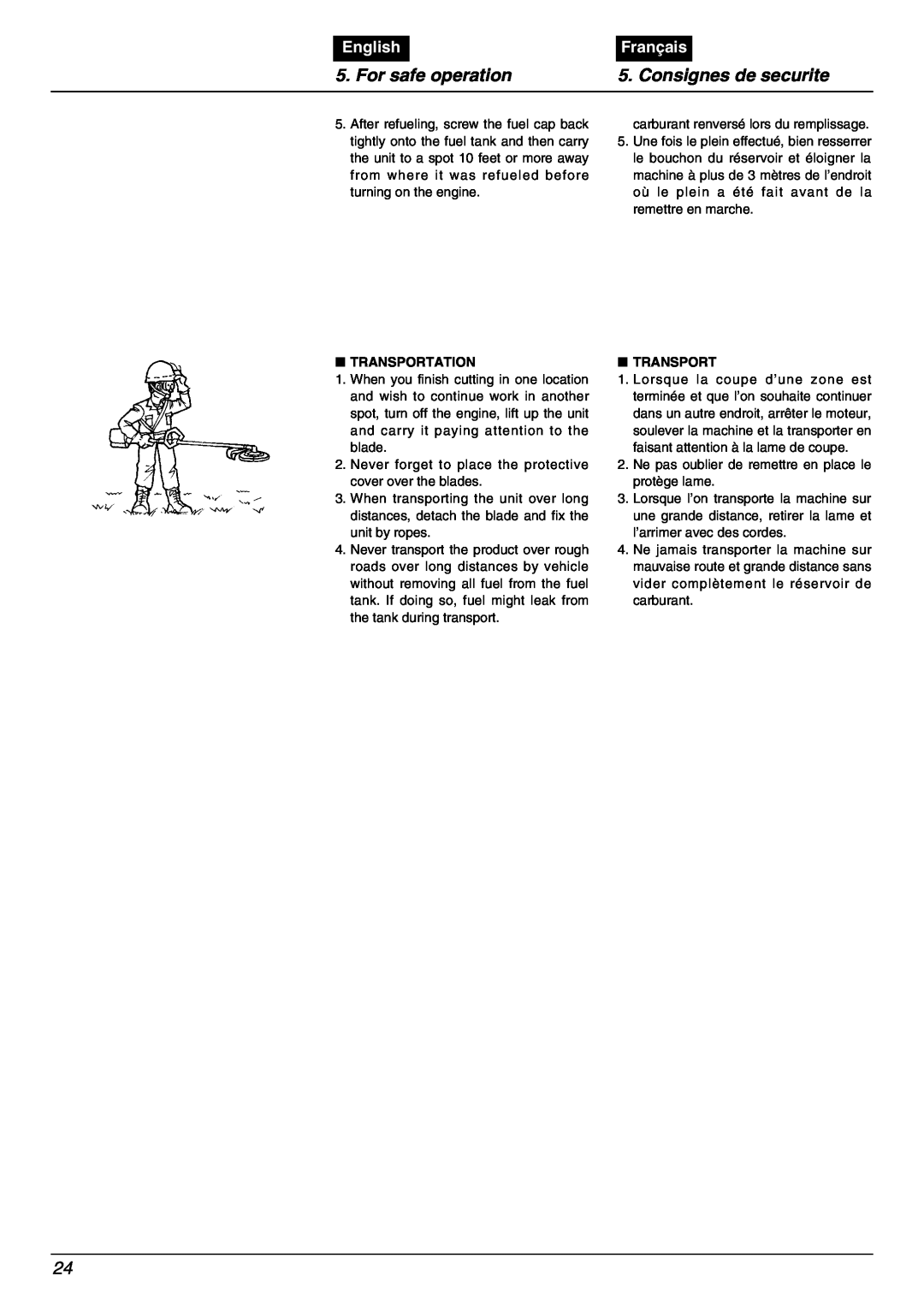 Zenoah BC2000 manual For safe operation, Consignes de securite, English, Français, Transportation 