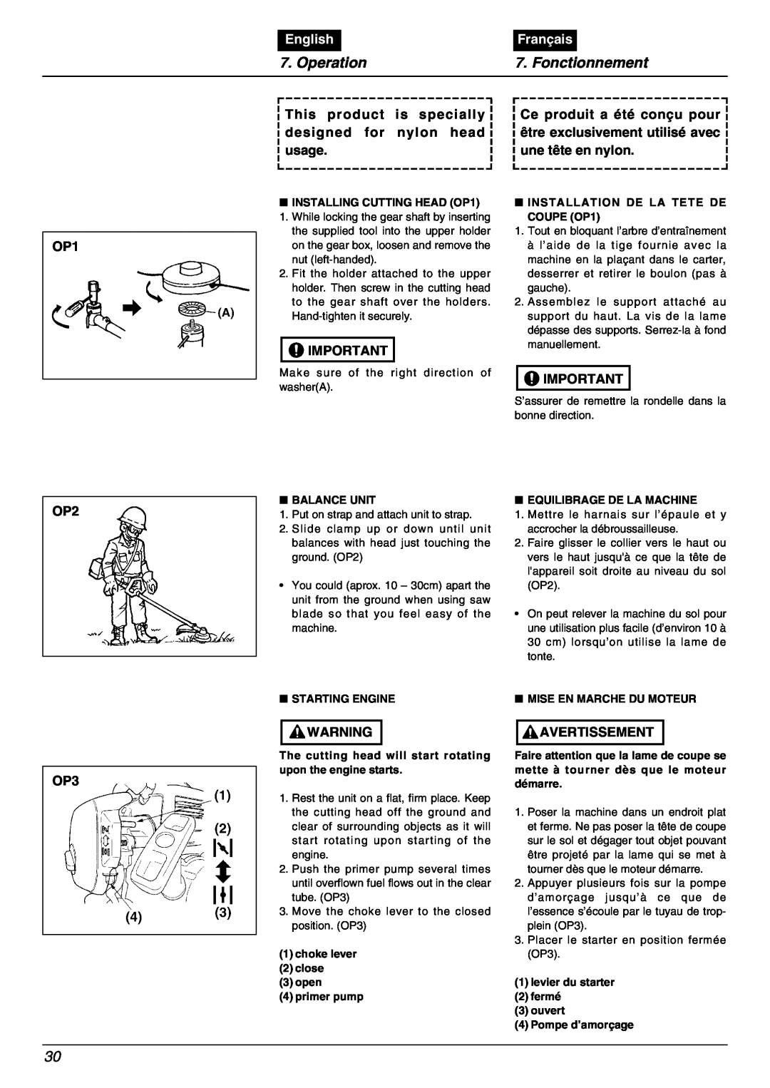 Zenoah BC2000 manual Operation, Fonctionnement, English, Français 
