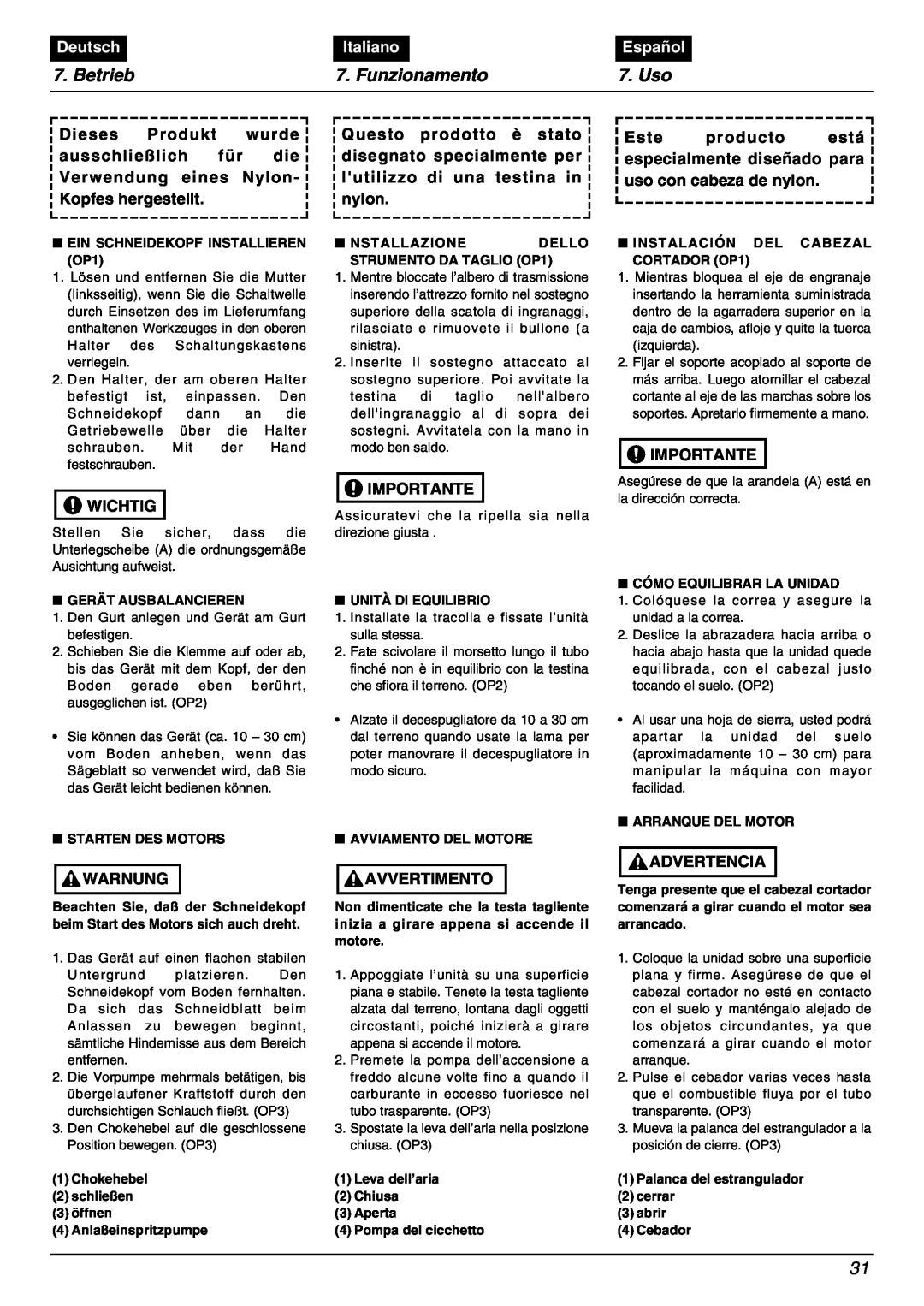 Zenoah BC2000 manual Betrieb, Funzionamento, Uso, Deutsch, Italiano, Español 