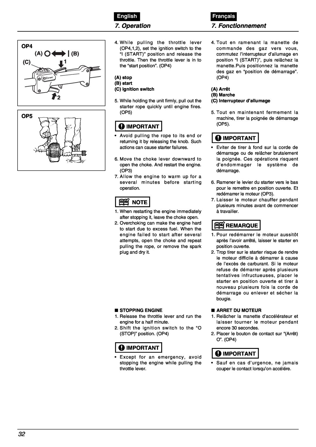 Zenoah BC2000 manual Operation, Fonctionnement, English, Français, A stop B start C ignition switch, Stopping Engine 