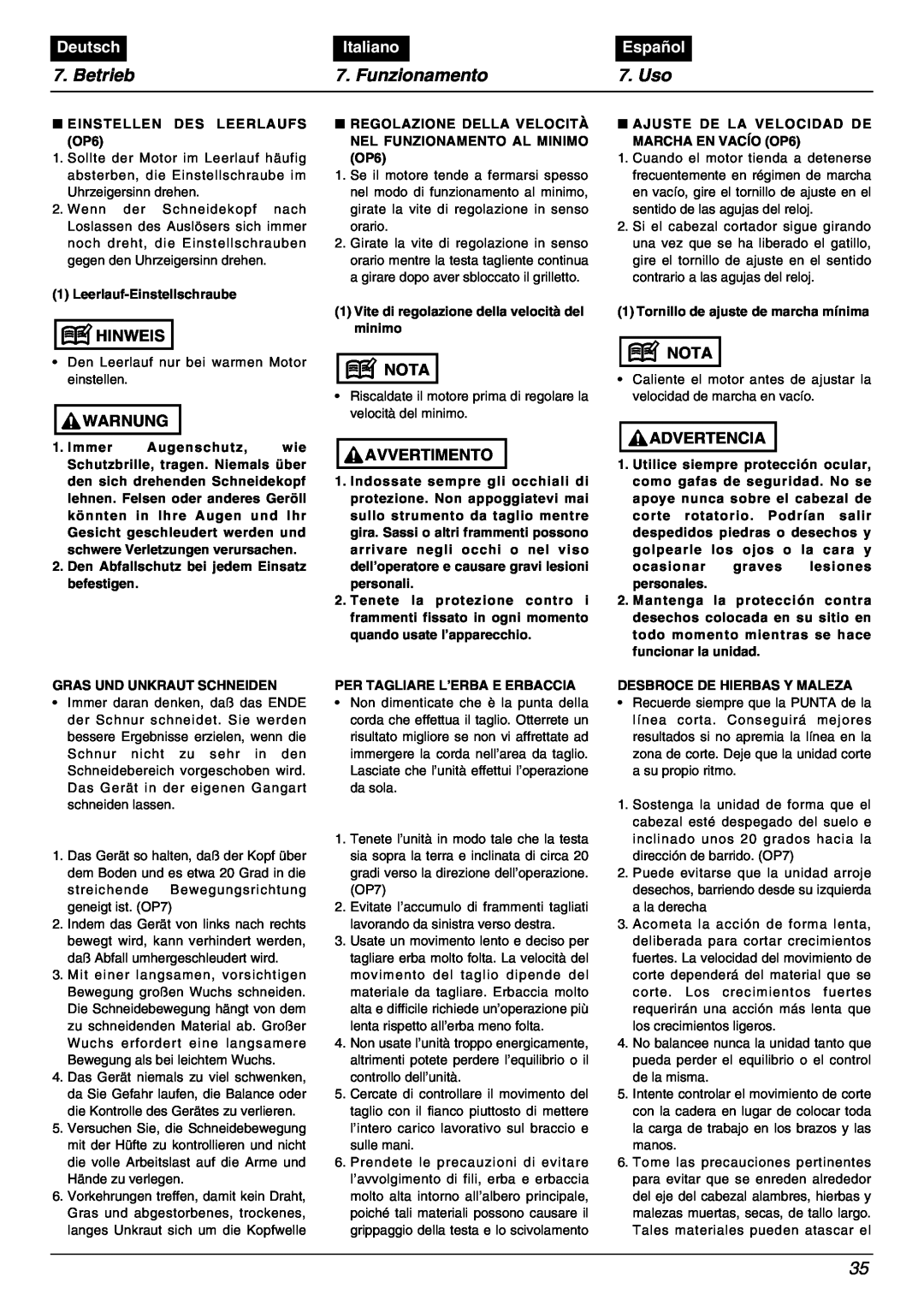 Zenoah BC2000 manual Betrieb, Funzionamento, Uso, Deutsch, Italiano, Español 