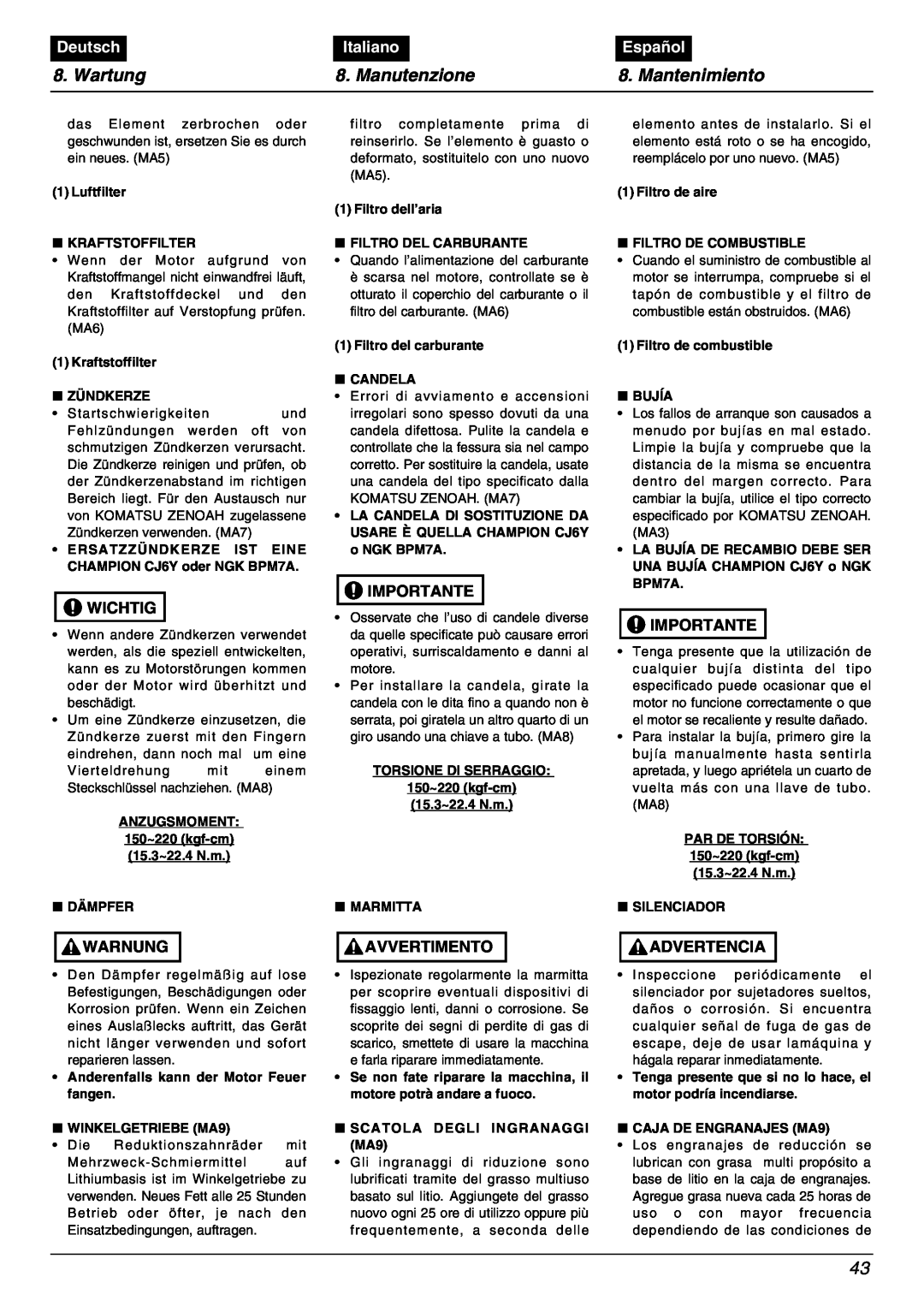 Zenoah BC2000 manual Deutsch, Italiano, Español, Luftfilter 