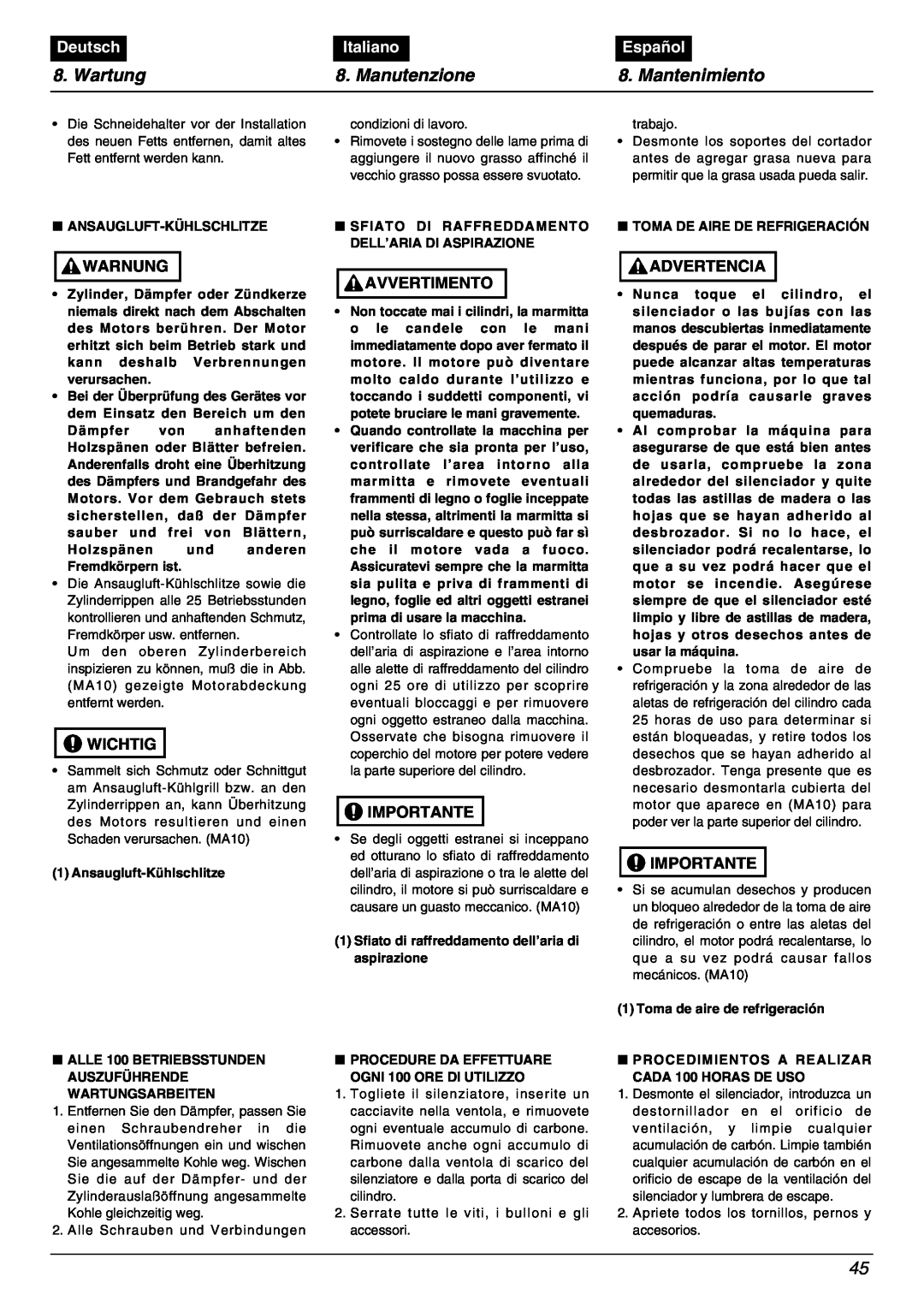 Zenoah BC2000 manual Wartung, Manutenzione, Mantenimiento, Deutsch, Italiano, Español 
