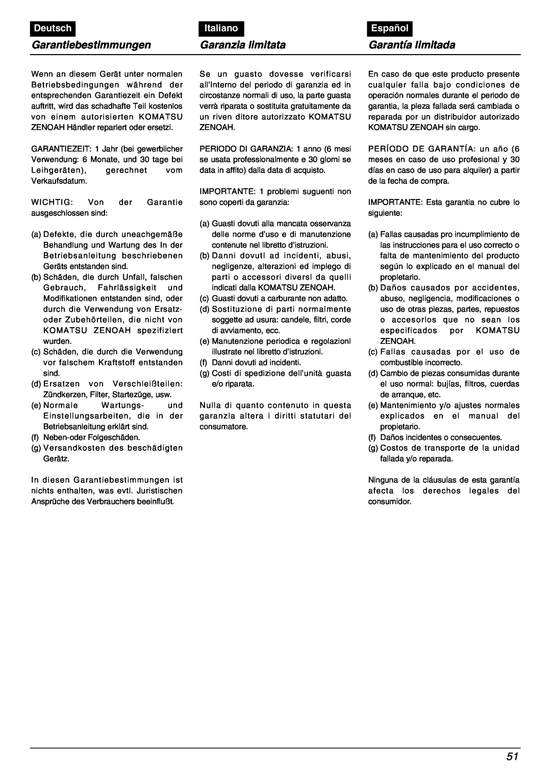 Zenoah BC2000 manual Garantiebestimmungen, Garanzia limitata, Garantía limitada, Deutsch, Italiano, Español 