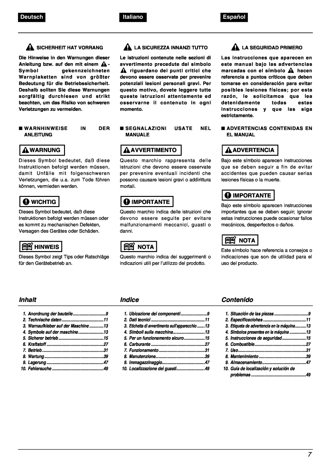 Zenoah BC2000 manual Inhalt, Indice, Contenido, Deutsch, Italiano, Español 
