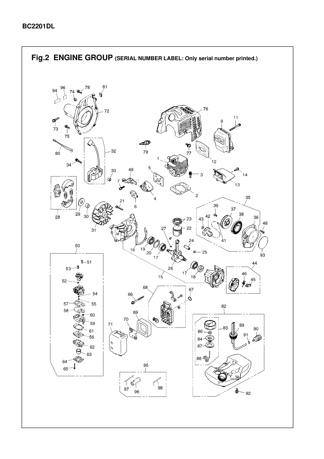 Zenoah BC2201DL manual Engine Group Serial Number Label Only serial number printed 