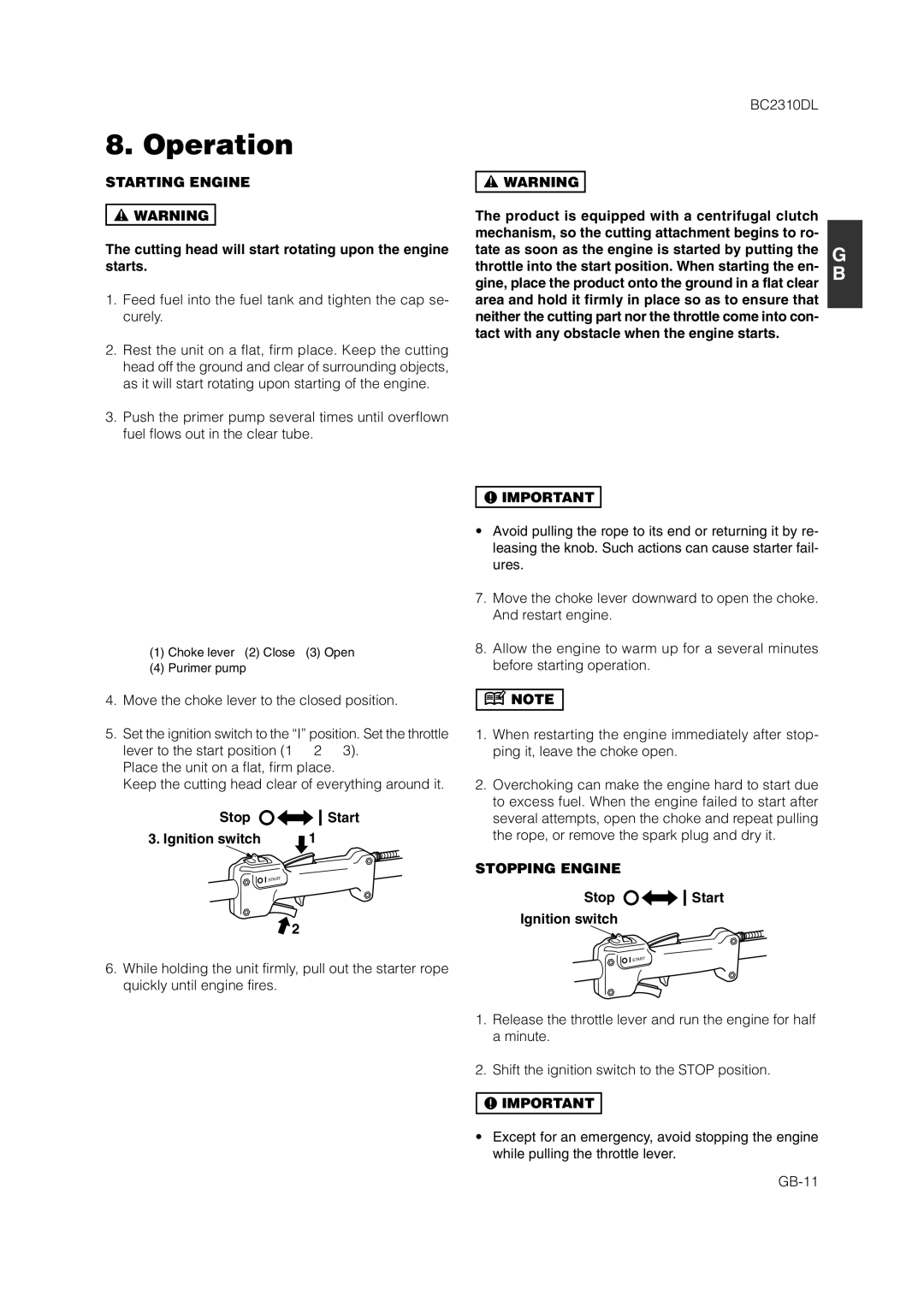 Zenoah BC2310DL owner manual Operation, Starting Engine, Stopping Engine 