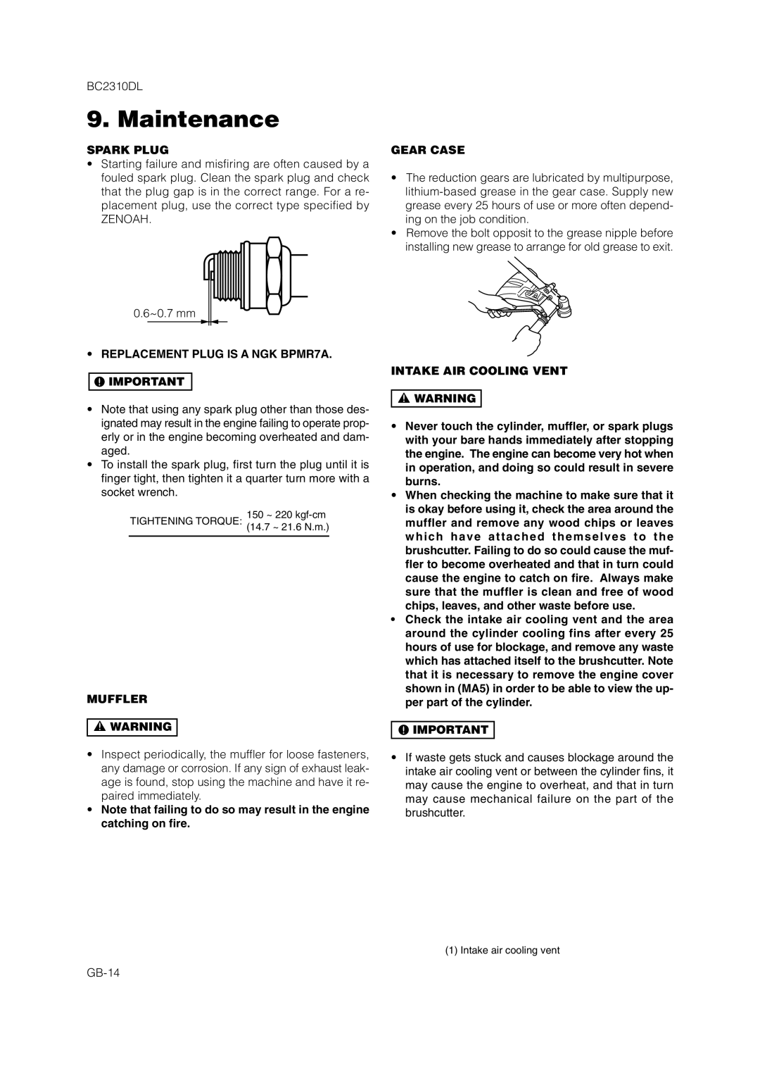 Zenoah BC2310DL owner manual Spark Plug, Replacement Plug is a NGK BPMR7A, Muffler, Gear Case, Intake AIR Cooling Vent 