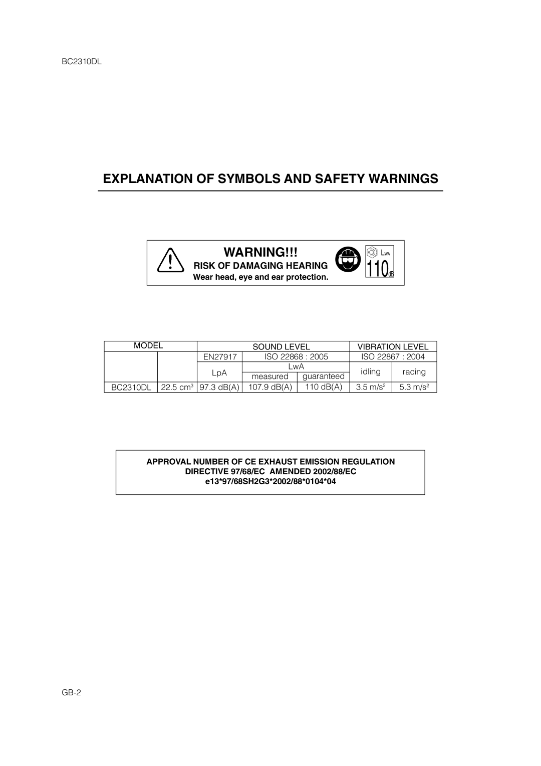 Zenoah BC2310DL owner manual Wear head, eye and ear protection, E13*97/68SH2G3*2002/88*0104*04 