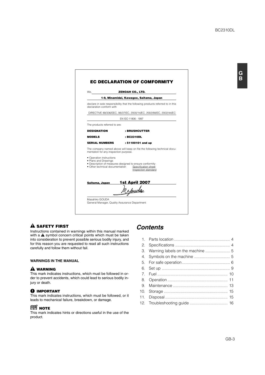 Zenoah BC2310DL owner manual Contents 