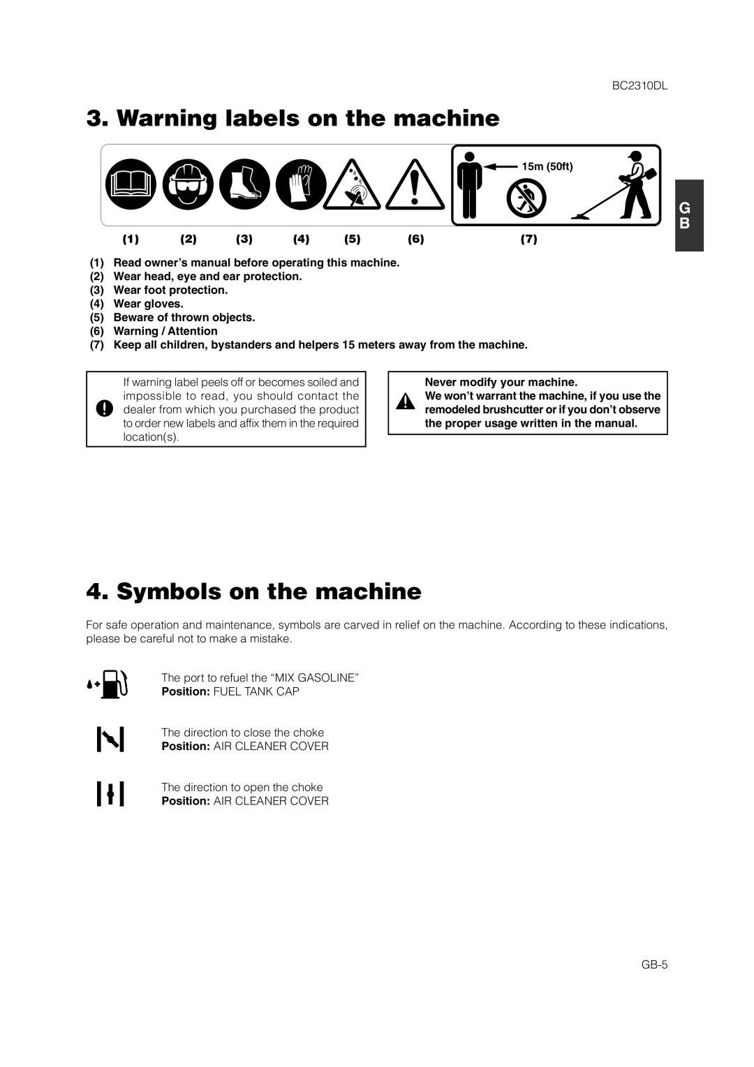 Zenoah BC2310DL owner manual Symbols on the machine, Never modify your machine, We won’t warrant the machine, if you use 