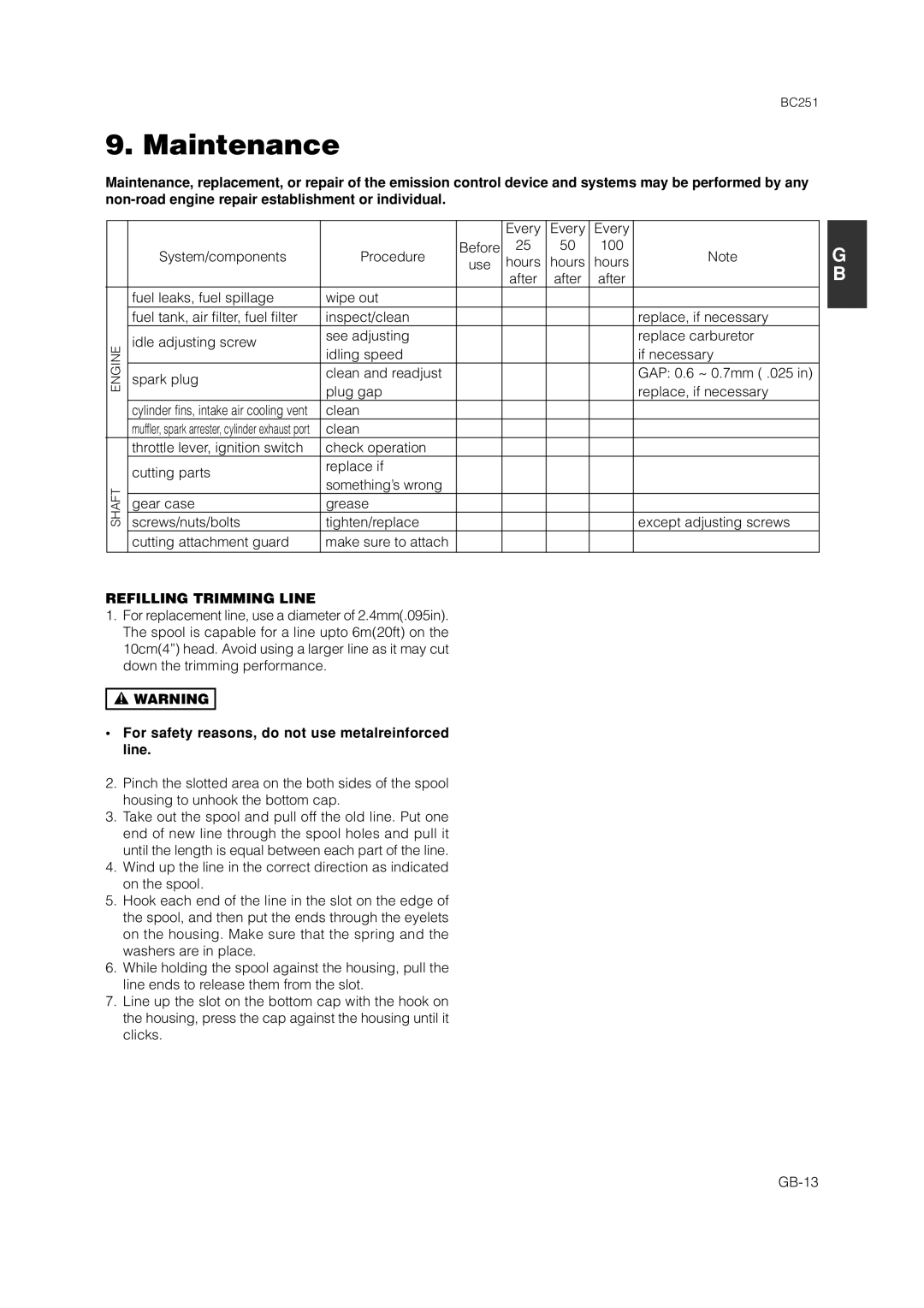 Zenoah BC251 owner manual Maintenance, Refilling Trimming Line, For safety reasons, do not use metalreinforced line 