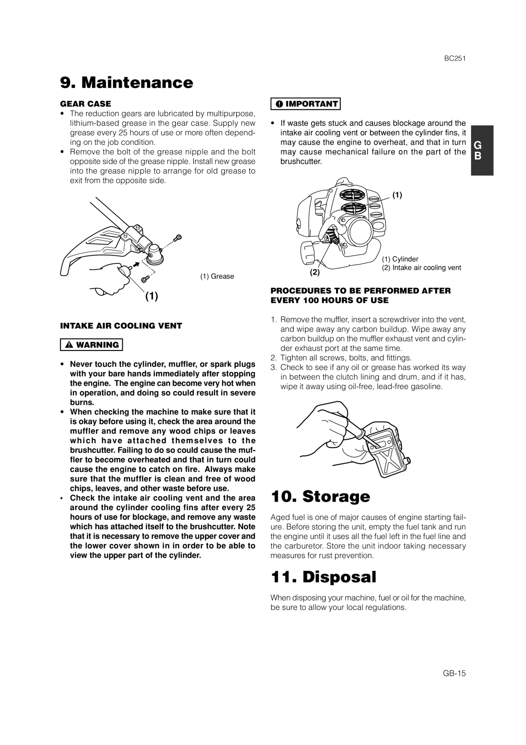 Zenoah BC251 owner manual Storage, Disposal, Gear Case, Intake AIR Cooling Vent 