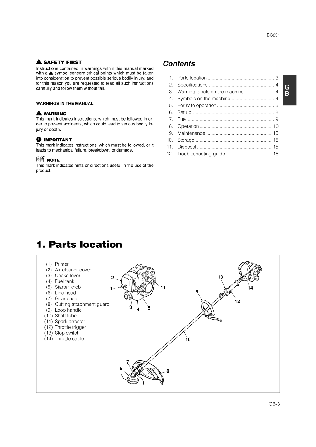 Zenoah BC251 owner manual Parts location, Contents 