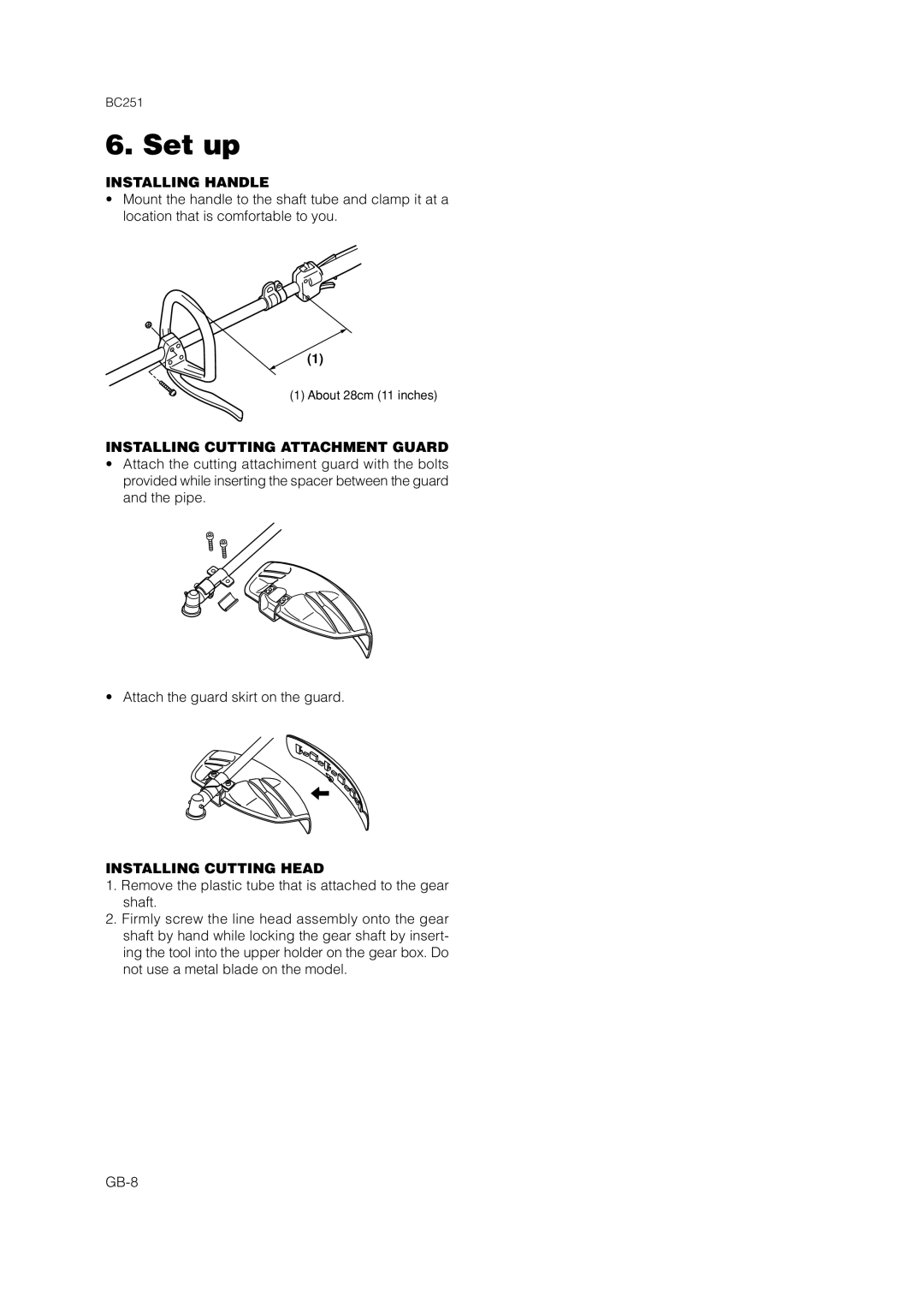 Zenoah BC251 owner manual Set up, Installing Handle, Installing Cutting Attachment Guard, Installing Cutting Head 