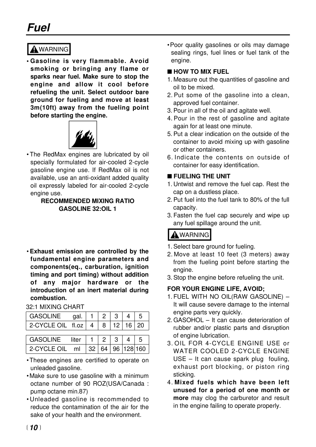 Zenoah BC2601DL manual Fuel,  10  