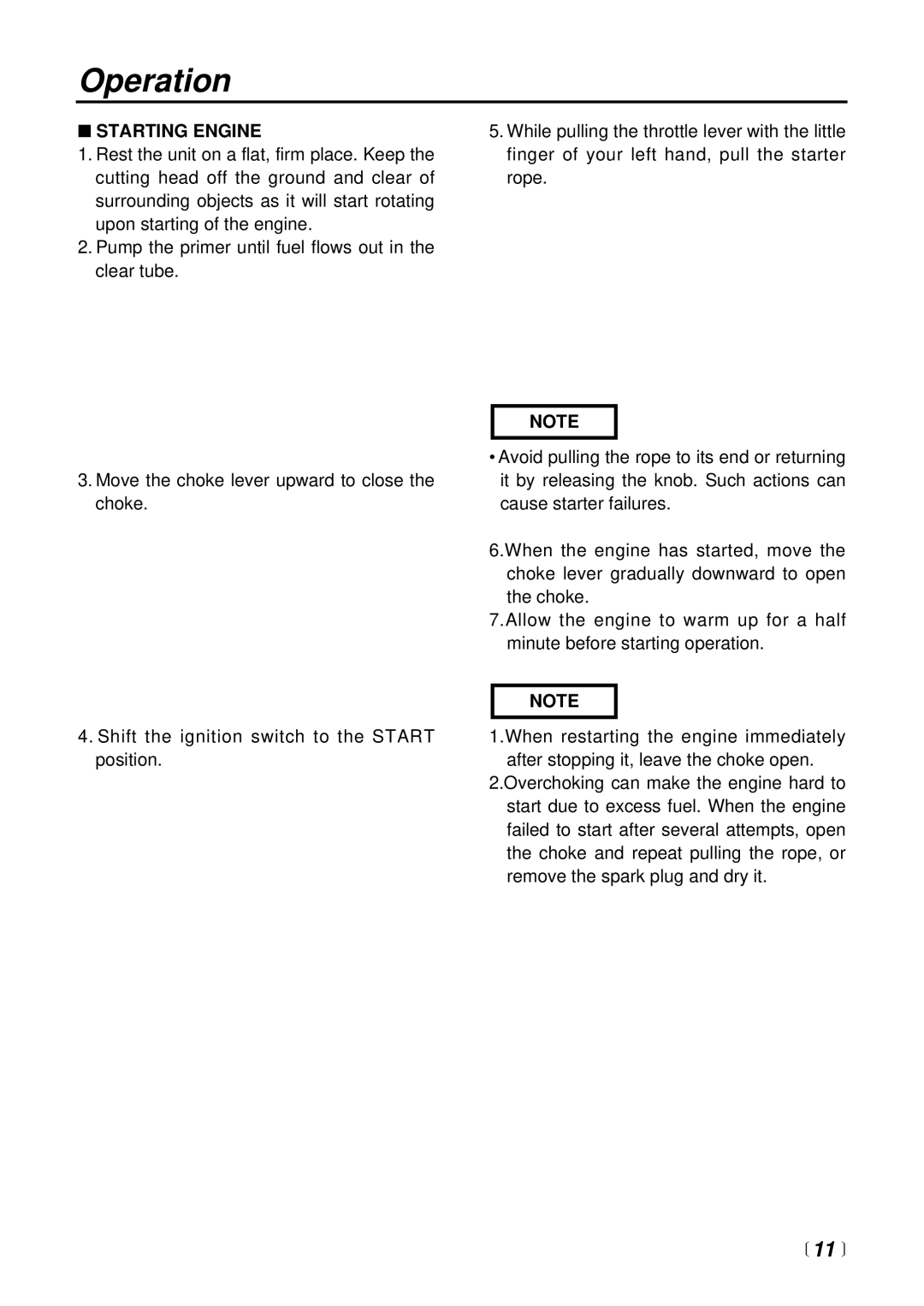 Zenoah BC2601DL manual Operation,  11 , Starting Engine 