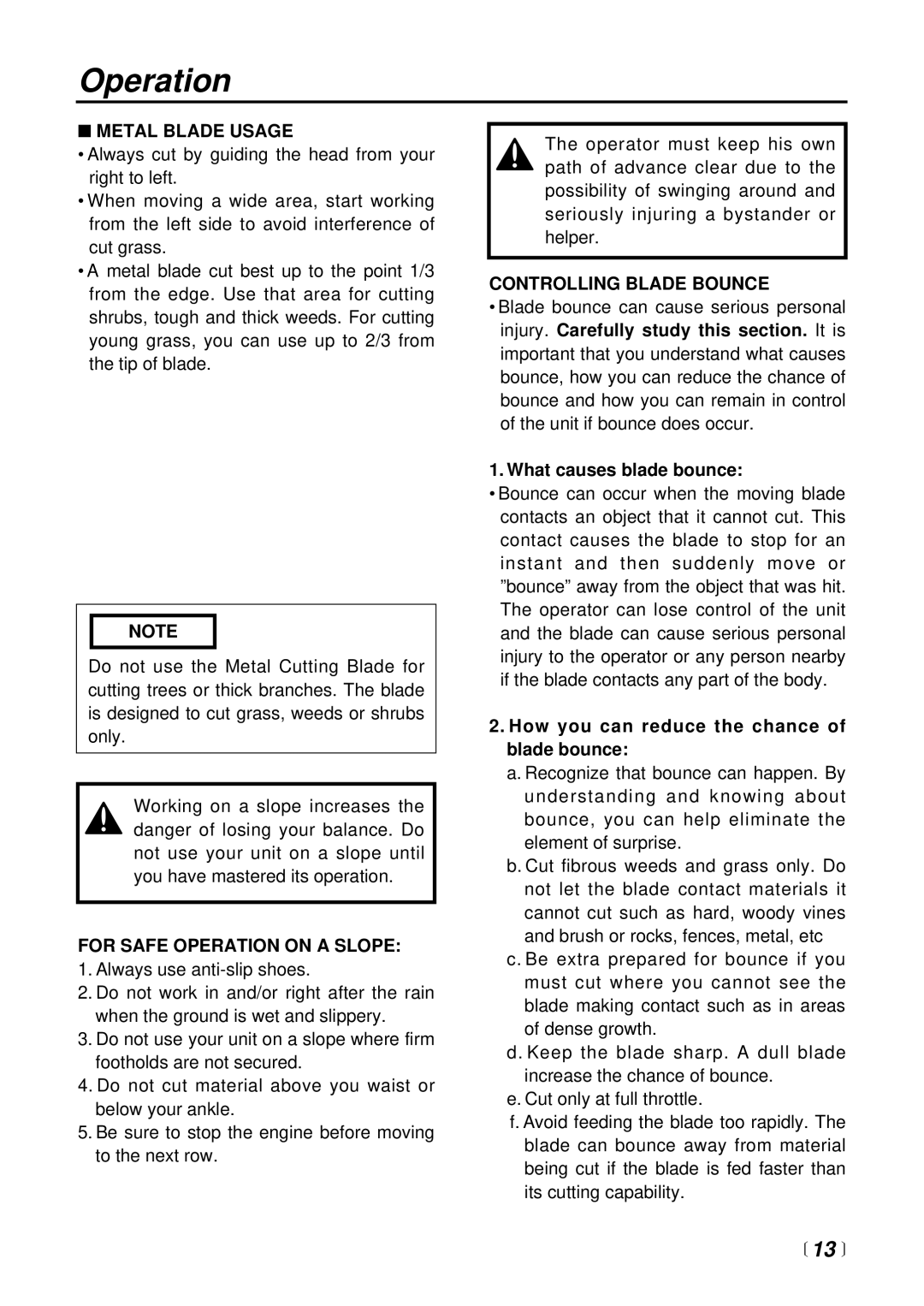 Zenoah BC2601DL manual  13 , Metal Blade Usage, For Safe Operation on a Slope, Controlling Blade Bounce 