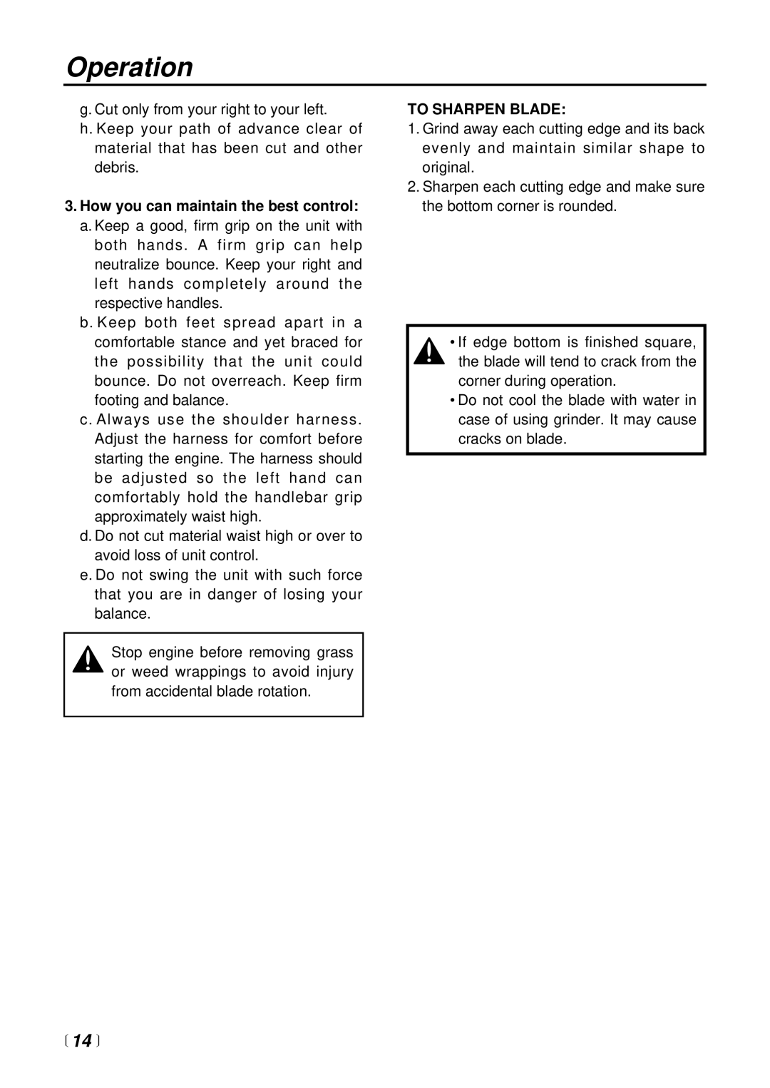 Zenoah BC2601DL manual  14 , How you can maintain the best control, To Sharpen Blade 