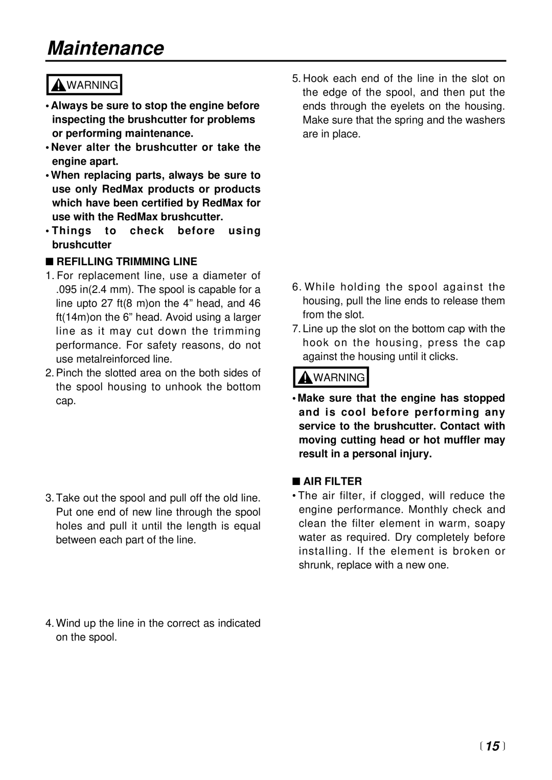 Zenoah BC2601DL manual Maintenance,  15 , Refilling Trimming Line, AIR Filter 