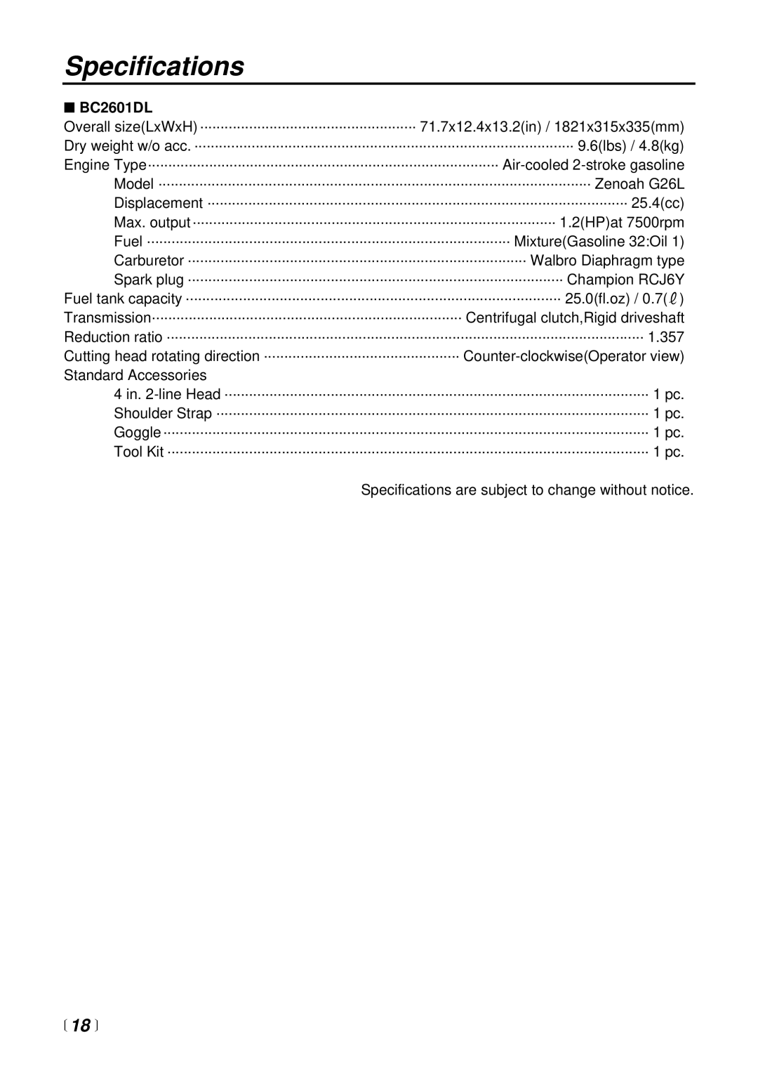 Zenoah BC2601DL manual Specifications,  18  