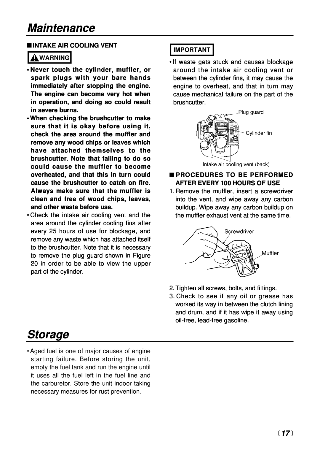Zenoah BC2601DL manual Storage,  17 , Maintenance, Intake Air Cooling Vent Warning 