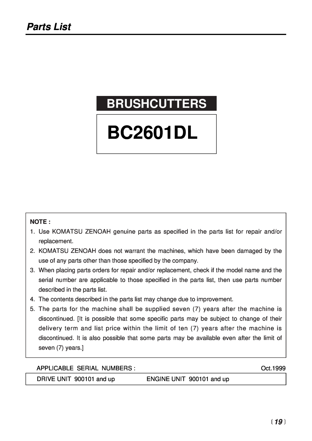 Zenoah BC2601DL manual Parts List,  19 , Brushcutters 