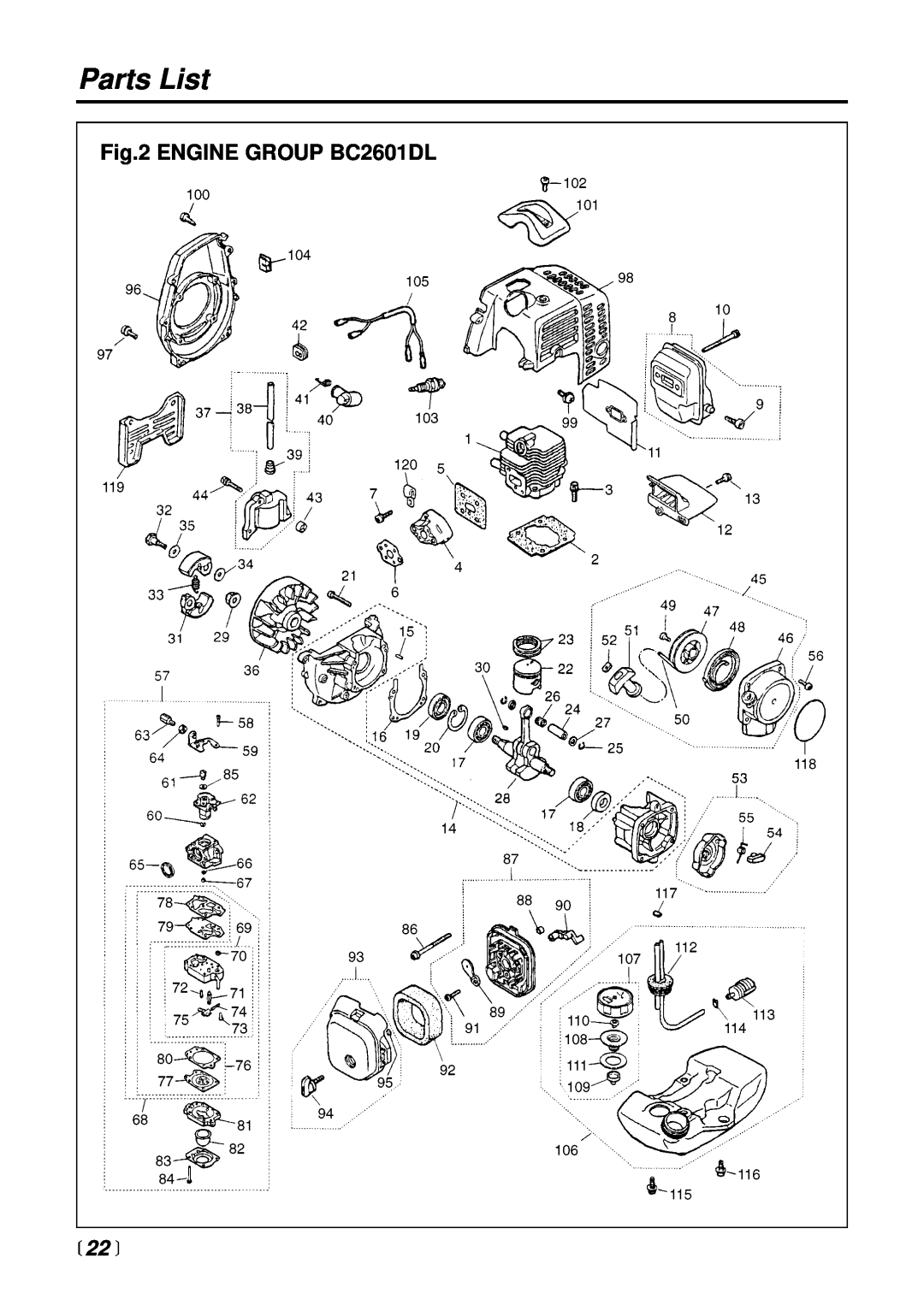 Zenoah manual ENGINE GROUP BC2601DL,  22 , Parts List 
