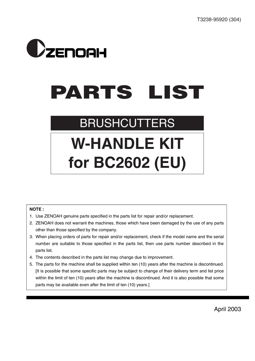 Zenoah BC2602 (EU) manual Parts List, Handle KIT for BC2602 EU, April 