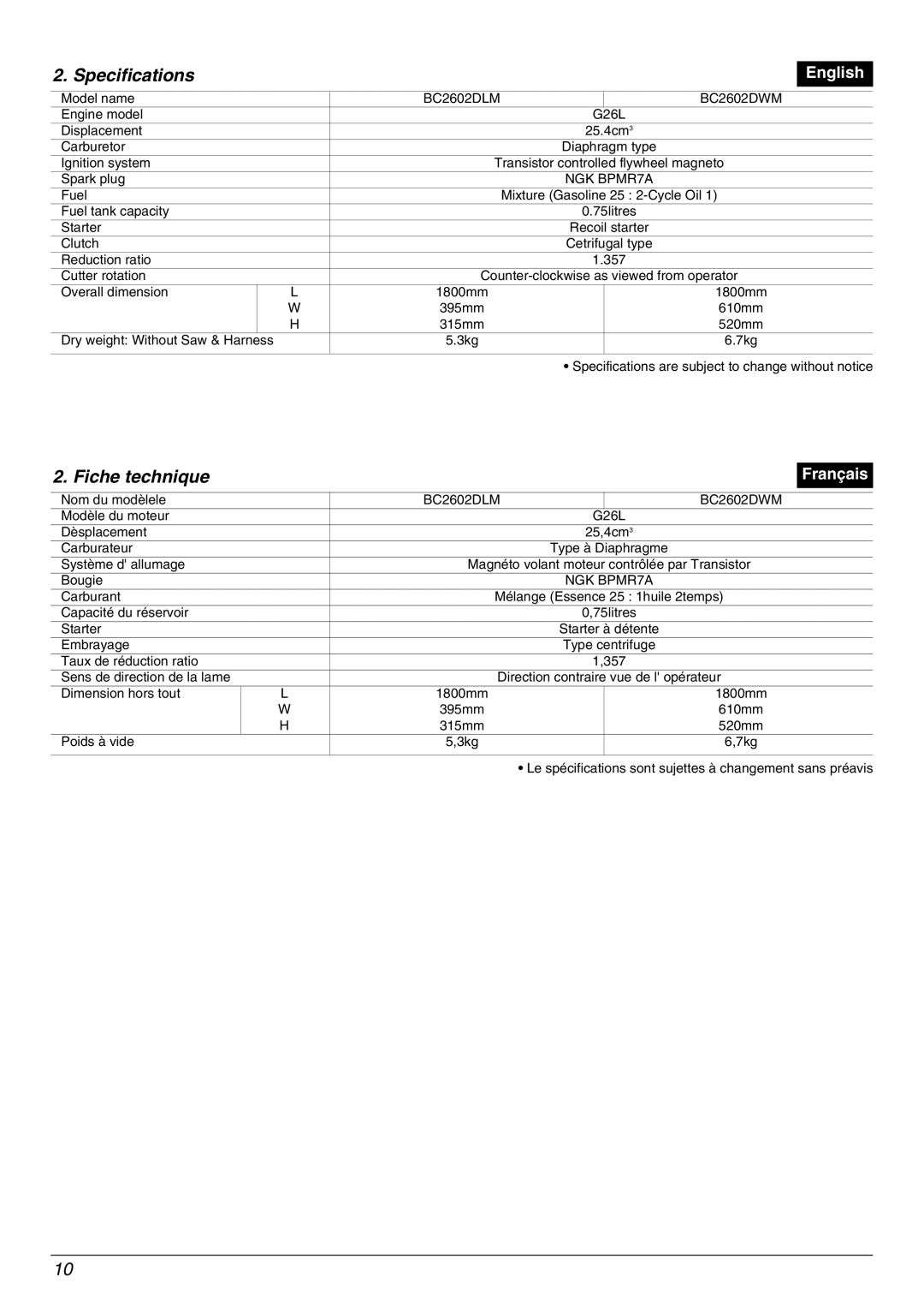 Zenoah BC2602DWM, BC2602DLM manual Specifications, Fiche technique 