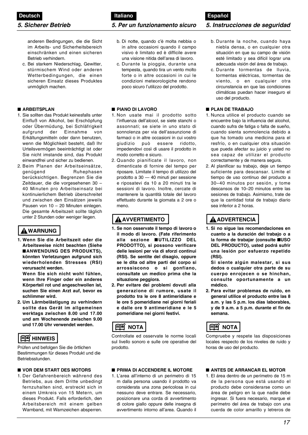 Zenoah BC2602DLM, BC2602DWM manual Arbeitsplan, Beim Planen der Arbeitseinsätze, Piano DI Lavoro, Plan DE Trabajo 