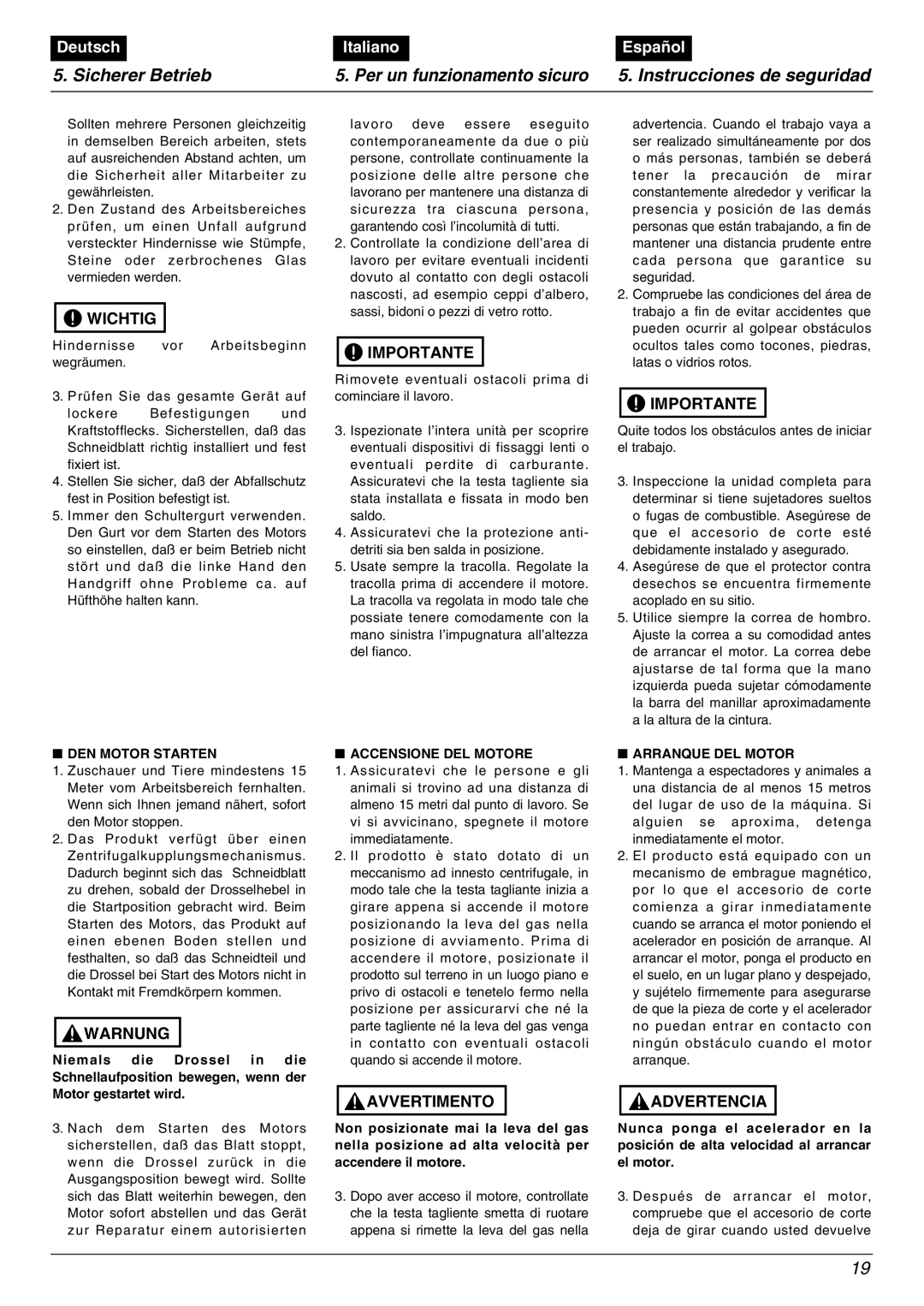 Zenoah BC2602DLM, BC2602DWM manual Avvertimento Advertencia, DEN Motor Starten, Accensione DEL Motore, Arranque DEL Motor 