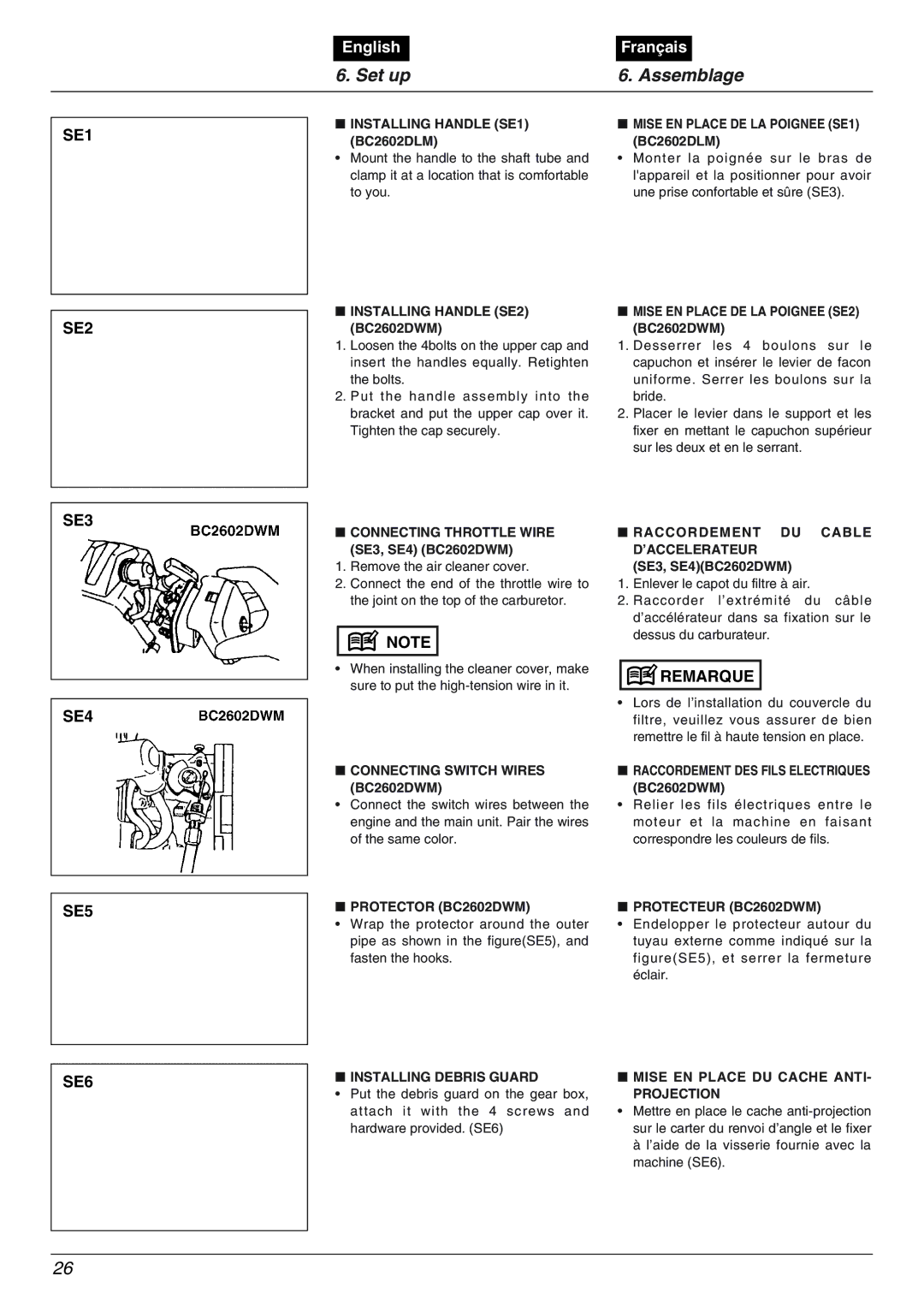 Zenoah BC2602DWM, BC2602DLM manual Set up Assemblage, SE1 SE2, SE3 SE4 SE5 SE6 