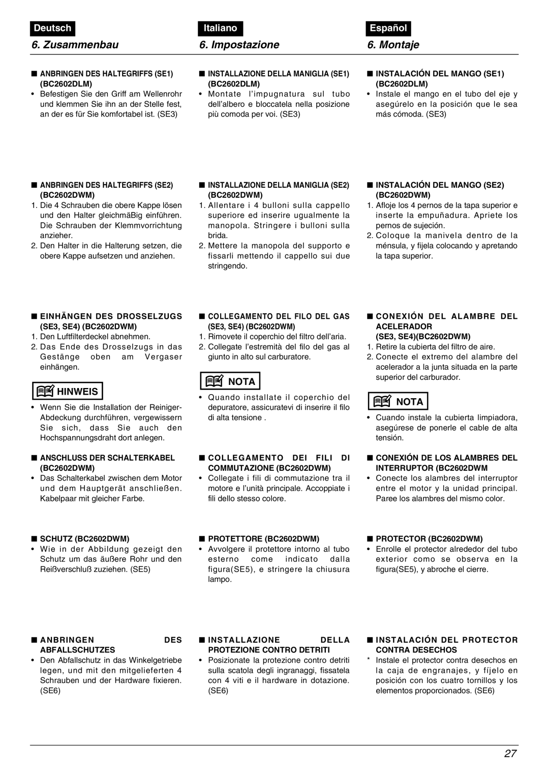 Zenoah BC2602DLM, BC2602DWM manual Zusammenbau Impostazione Montaje 