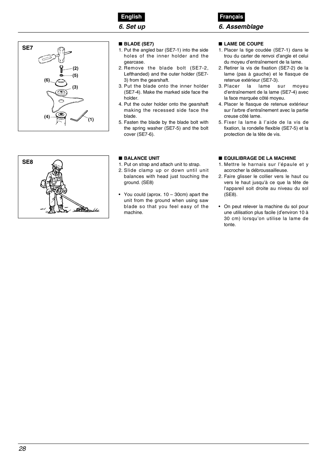 Zenoah BC2602DWM, BC2602DLM manual SE7 SE8, Blade SE7 Lame DE Coupe, Balance Unit, Equilibrage DE LA Machine 