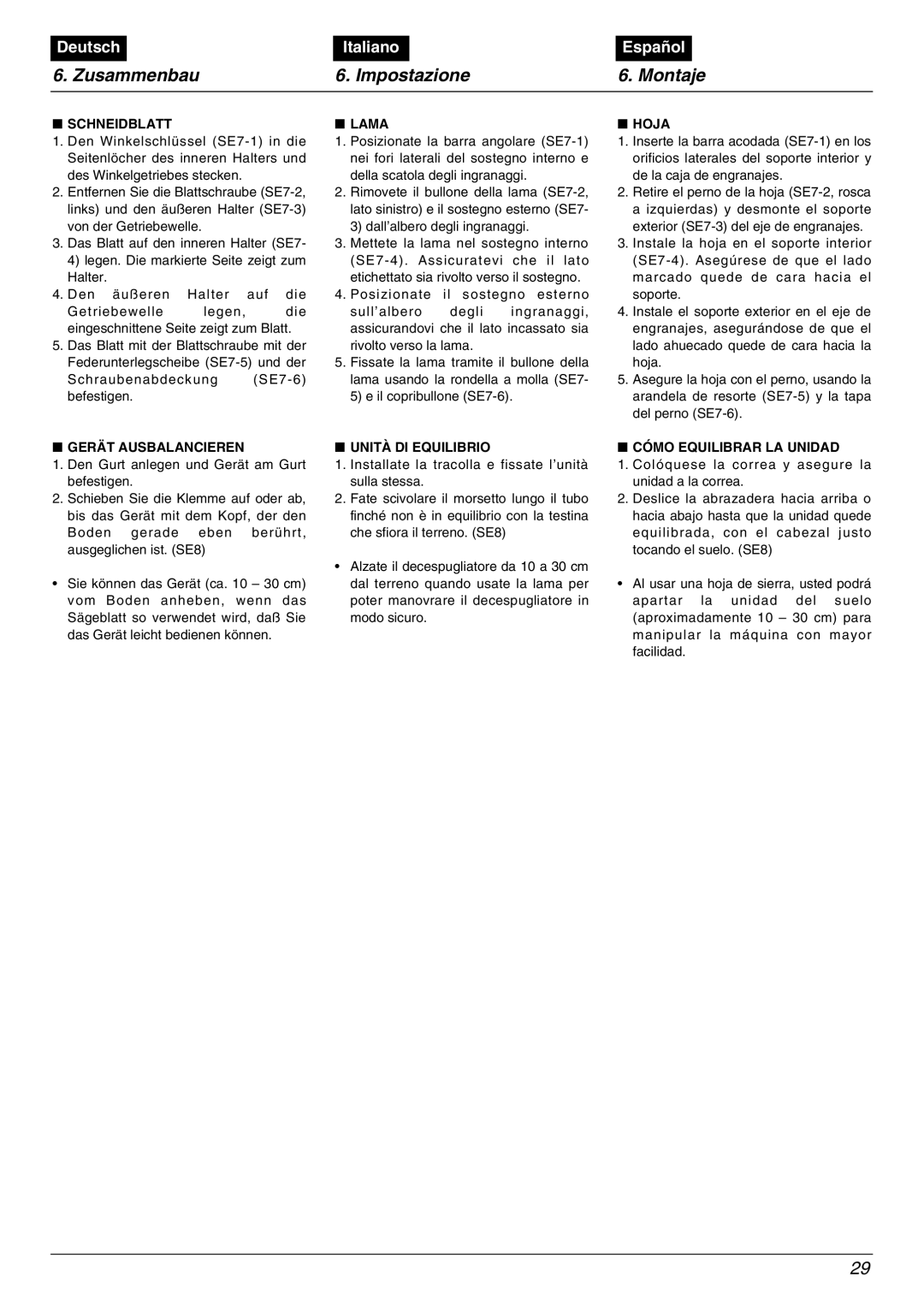 Zenoah BC2602DLM, BC2602DWM manual Zusammenbau Impostazione Montaje, Schneidblatt, Lama, Hoja 