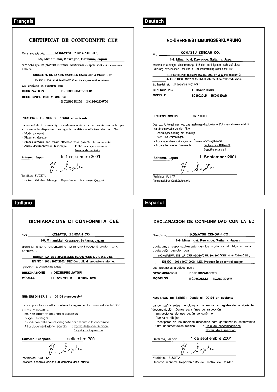 Zenoah BC2602DLM, BC2602DWM manual Français Deutsch Italiano Español 