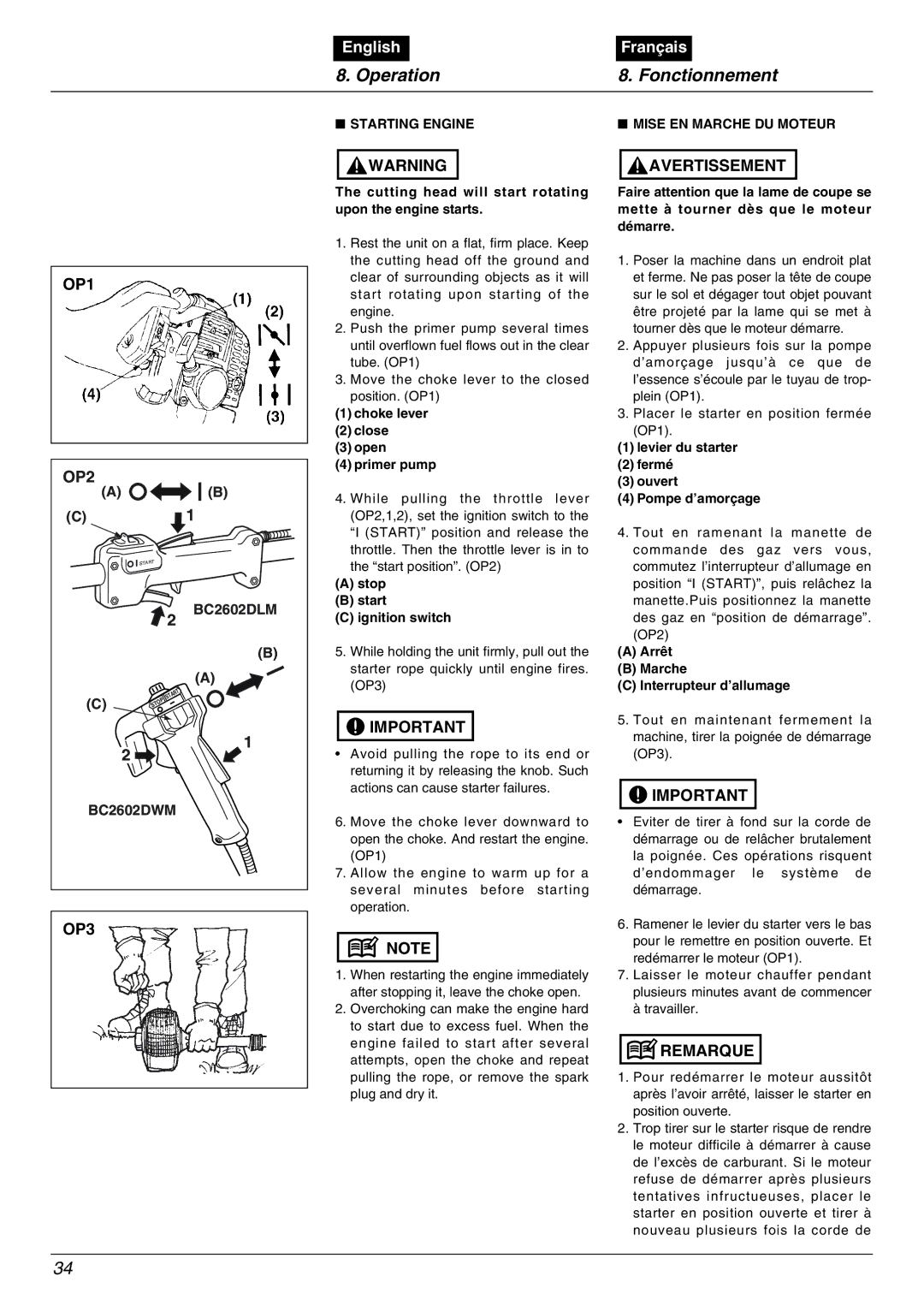 Zenoah BC2602DWM, BC2602DLM manual Operation Fonctionnement, OP1 OP2, OP3, Starting Engine Mise EN Marche DU Moteur 