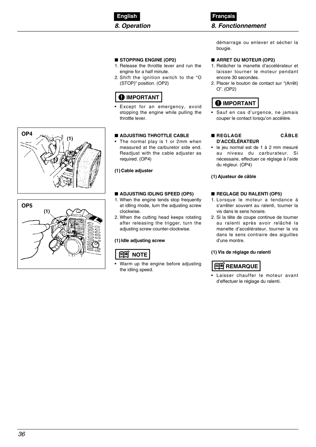 Zenoah BC2602DWM, BC2602DLM manual Operation Fonctionnement, OP4 OP5 